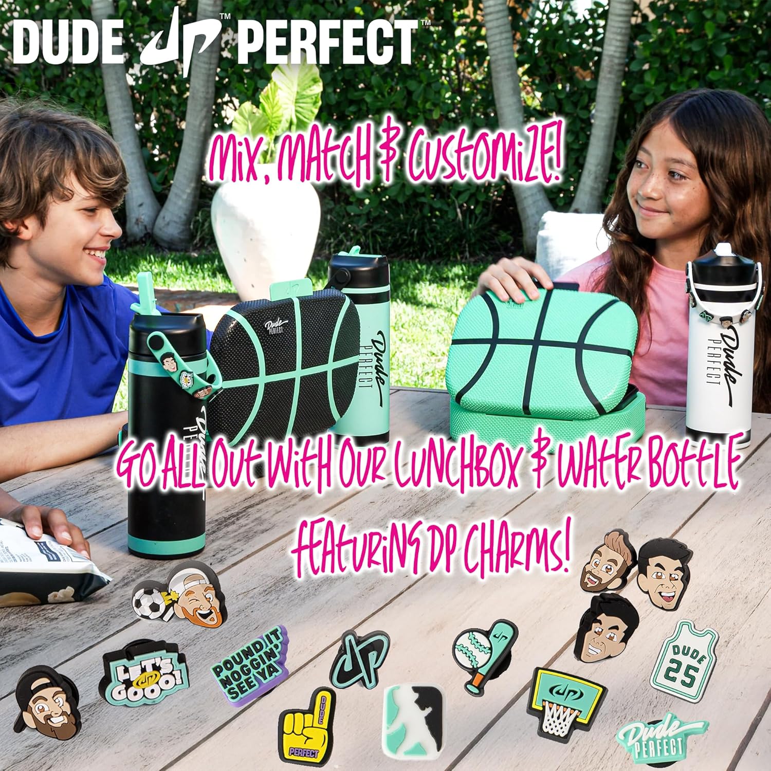 Dude Perfect Water Bottle and Lunch Box Combo with Rare Charms | Leak Proof Bento Box Removable Inner Tray | 24 Oz Stainless Steel Vacuum Insulated | NOGGZ for Custom Carry-Straps | Sports Grip Kids