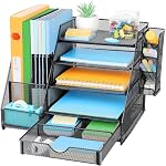 Desk Organizers Vertical File Holders, Mesh Paper Letter Tray with Sliding Drawers and Pen Holder, 5 Tier Desktop File Organizer for Home Office School, Black