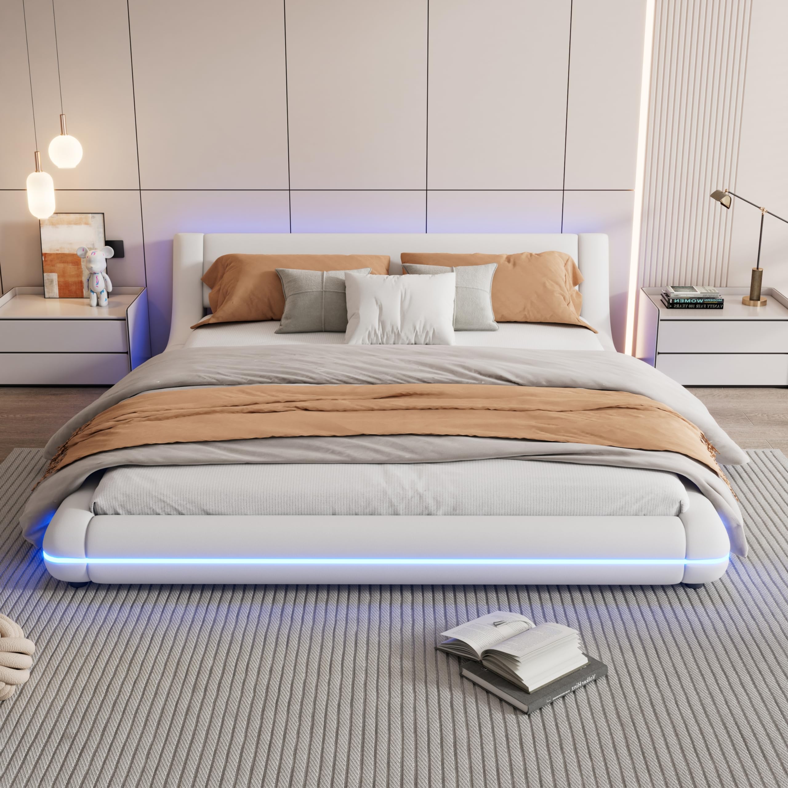 Rtopsu Letto Imbottito Letto Matrimoniale 160x200 cm, Letti con Illuminazione a LED, Letti da Terra Moderno con Rete in Metallo e Rete a Doghe in Legno, PU, Bianco, Senza Materasso