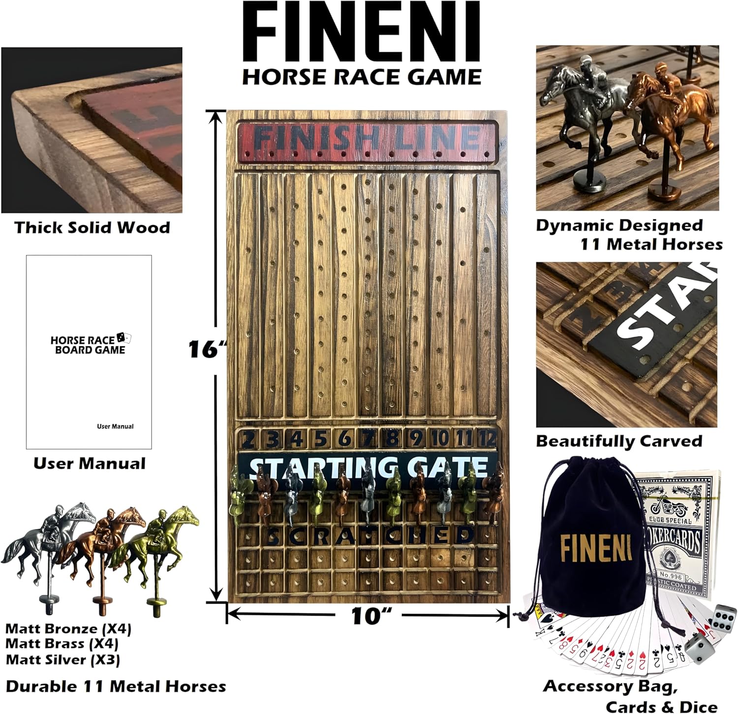 Horse Racing Game for Adults, Horse Race Board Game with 11 Luxurious Antique Durable Metal Horses(Bronze, Brass, Silver), 19” Wood Horse Race Game Board, Dice & Card Included (Log)
