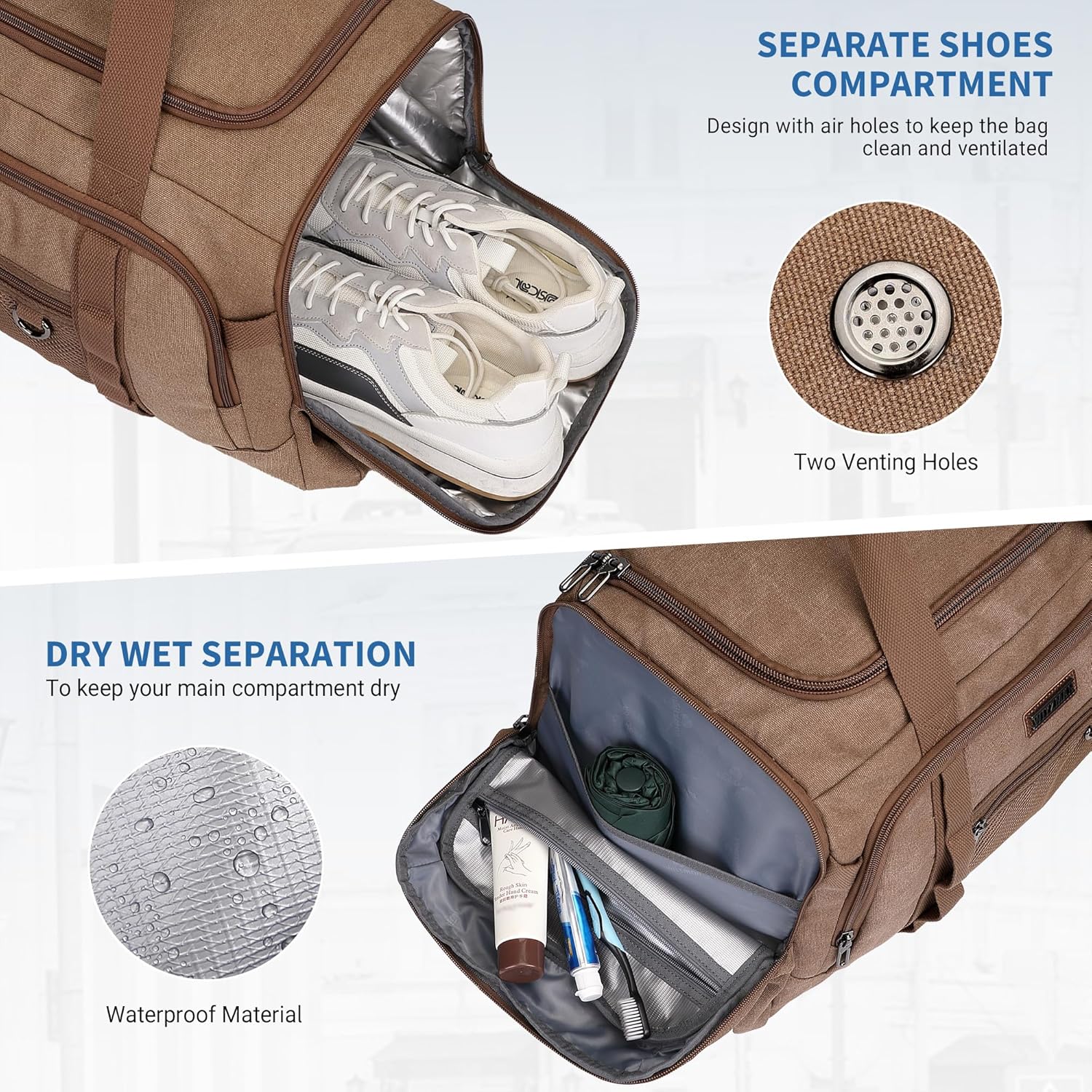 WITZMAN Mens Canvas Duffle Bags for Traveling 45L 3 in 1 Backpack Carry-on Travel Duffel Bags Weekender Overnight Bag for Men(A8006/3 Brown)