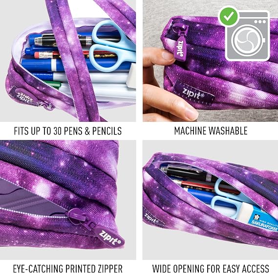ZIPIT Galaxy Pencil Case for Girls, Aesthetic Pouch for School, Purple