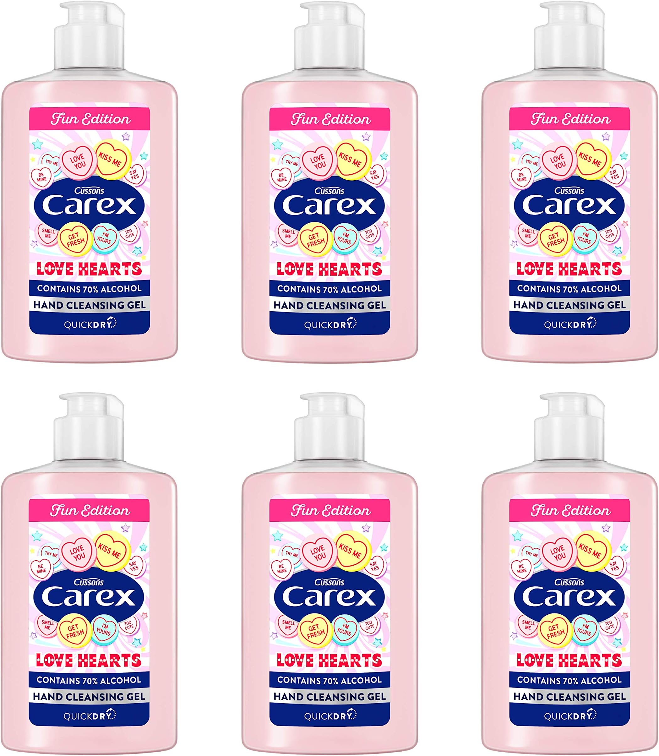 Carex Love Hearts Cleansing Hand Gel, 70 Percent Alcohol, Fun Edition Scented Hand Gel that Cleans, Cares and Protects, Bulk Buy, Pack of 6 x 300 ml