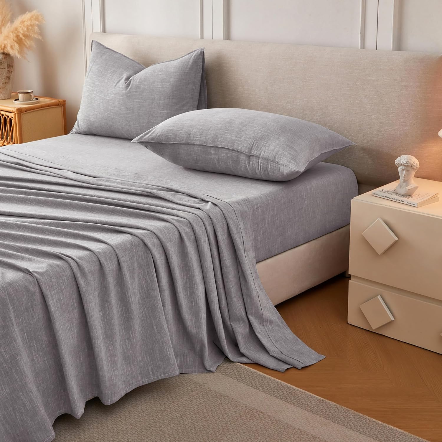 Linen Sheets Twin Size, Stonewashed Linen Cotton Blend Sheets with Slub Texture, Breathable & Soft Cotton Bedsheets, All-Season Comfort, 3 Pieces, Gray - Image 6