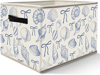Nogrit Coquette Blue Bow Beach Storage Bins Box, Toybox for Girls, Preppy Coastal Seashell Foldable Baskets Organizer Container with Handles for Girls Bedroom Dorm Bathroom Clothes Toys Books