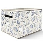 Nogrit Coquette Blue Bow Beach Storage Bins Box, Toybox for Girls, Preppy Coastal Seashell Foldable Baskets Organizer Container with Handles for Girls Bedroom Dorm Bathroom Clothes Toys Books