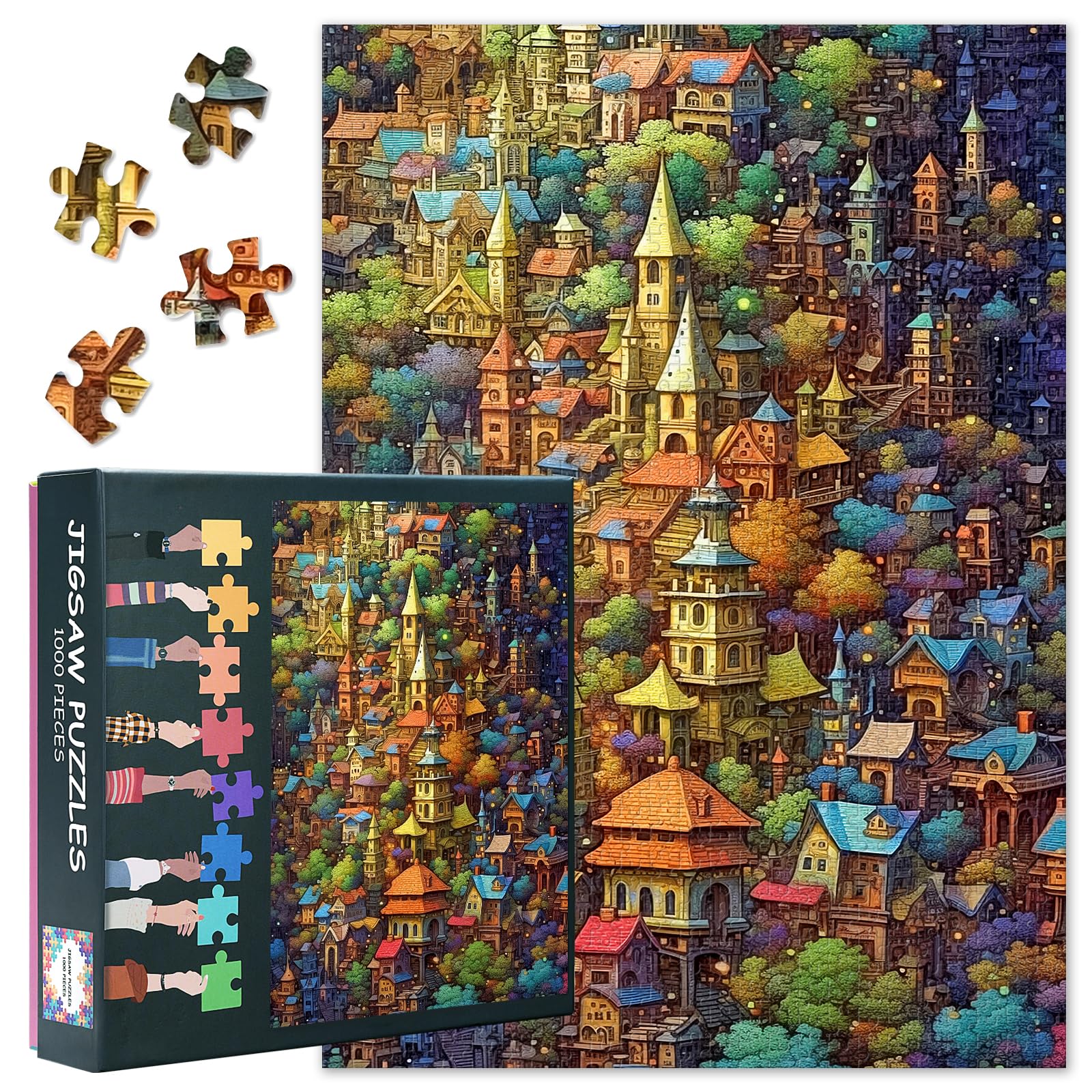 Fantasy Medieval City Puzzles for Adults 1000 Pieces, Towers and Houses Jigsaw Puzzles, Adult Puzzle for Adults, Educational Fun Games or Toys for Elders Friends 20X27 INCH