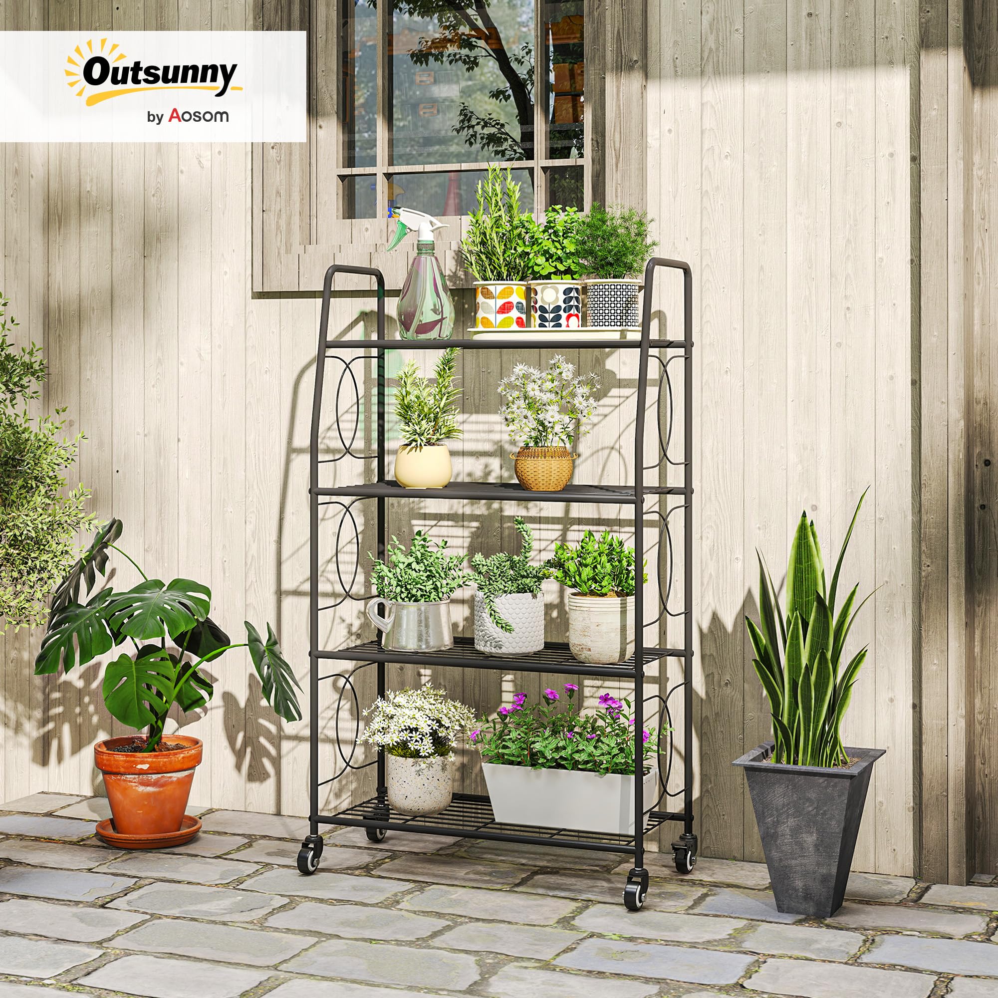 Outsunny Étagère à Fleurs Extérieur 4 Niveaux Roues 67x29x114 cm Noir | Intérieur, Support de Plantes, Étagère à Plantes, Jardin, Balcon, Salon