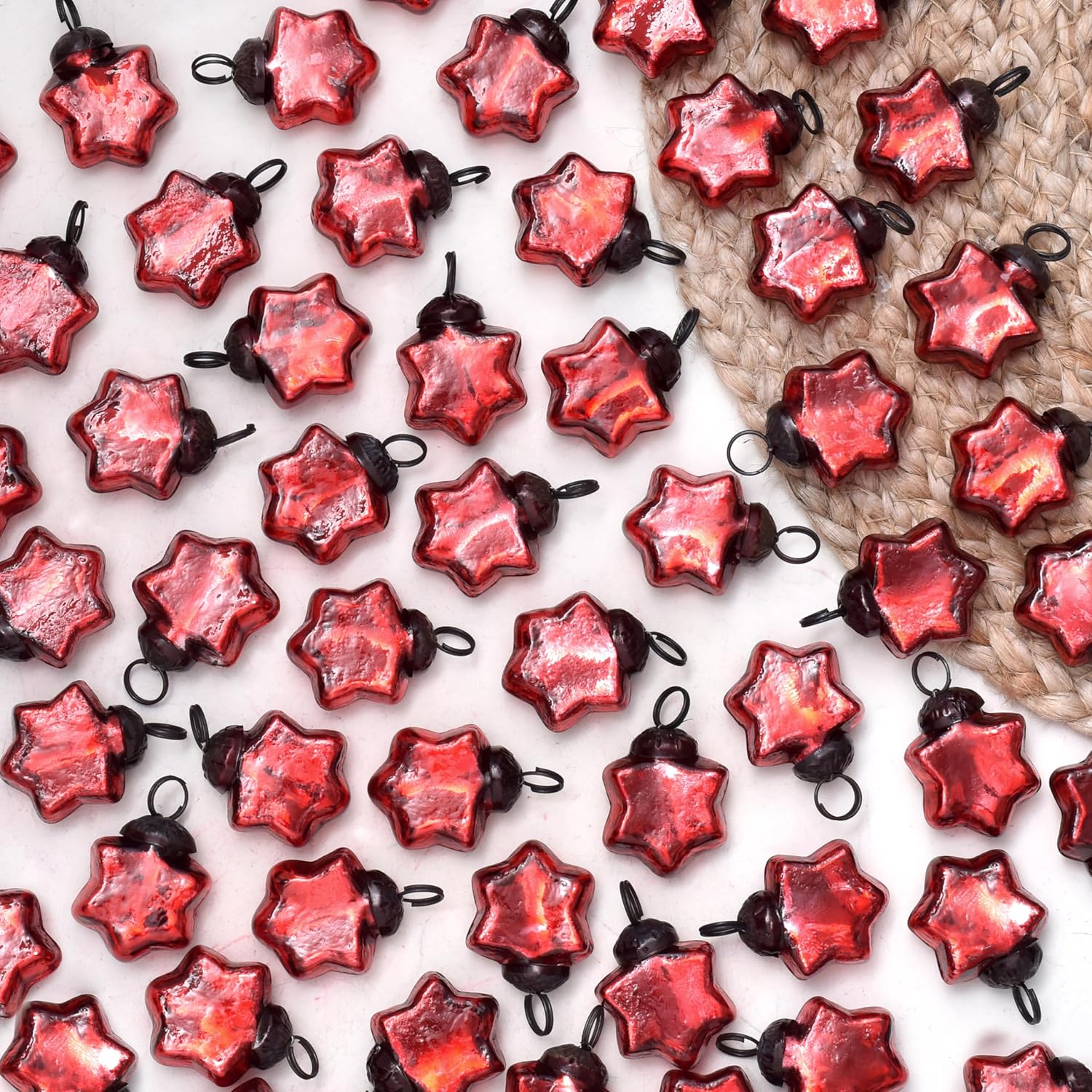 IndianShelf 25 Pieces Red Glass Vintage Star Christmas Ornaments Mini Bulk Decorative Ornaments for Halloween, Christmas Tree, New Year, Valentine Day, Holidays, Event and Wedding (25 * 1 Boxes)