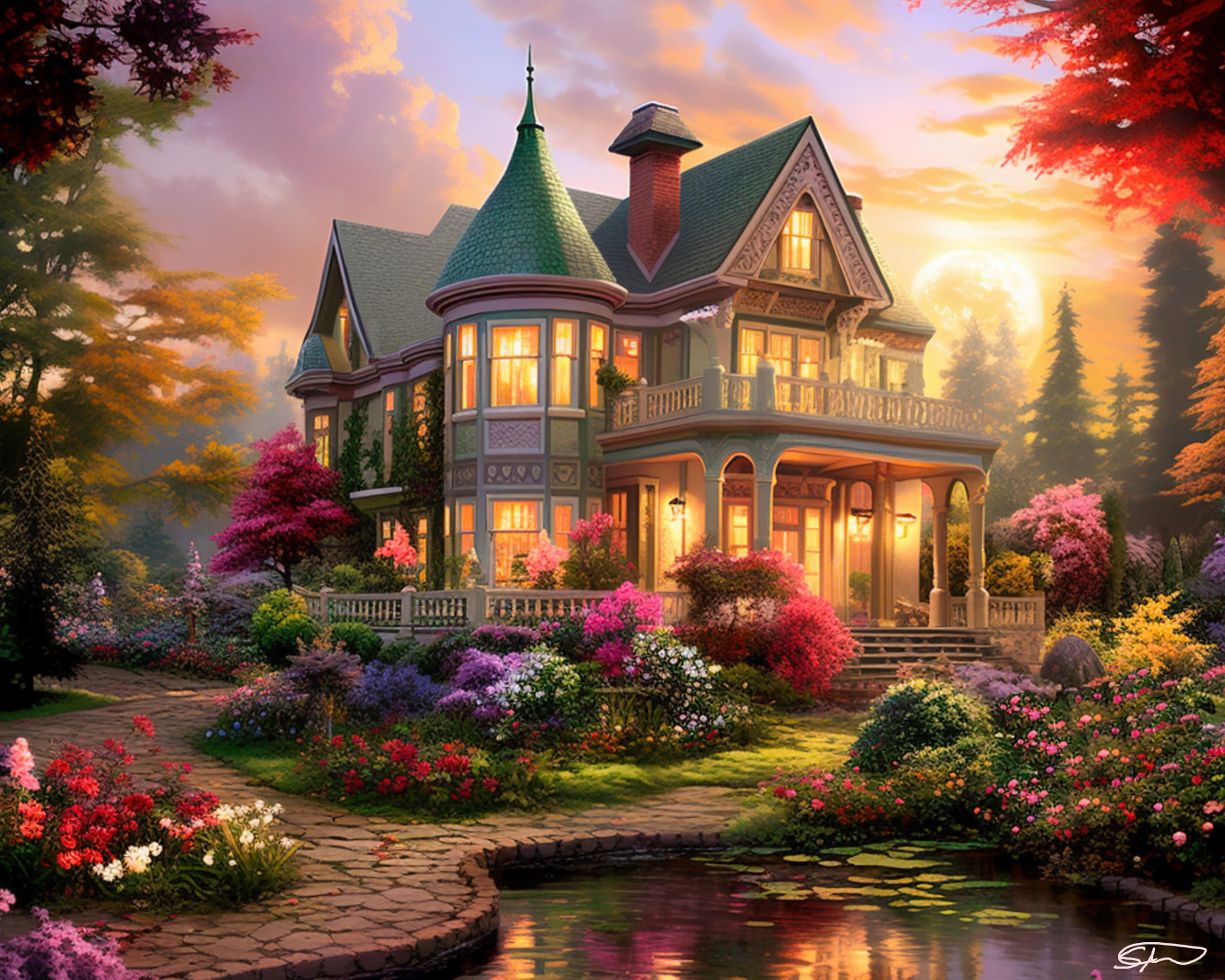Springbok Victorian Dream 500 Piece Jigsaw Puzzle for Adults - Dreamy Victorian House at Sunset - Unique Cut Pieces - Made in USA