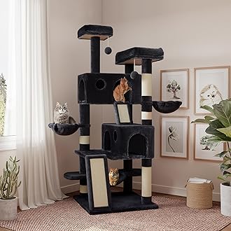 65in Larger Cat Tree Tower Condo for Indoor Kitties/Multi-Level Furniture Activity Center with Wide Base/Cozy Plush Cat Perches/Baskets/Sisal Scratching Posts and Hammock/Dark Grey