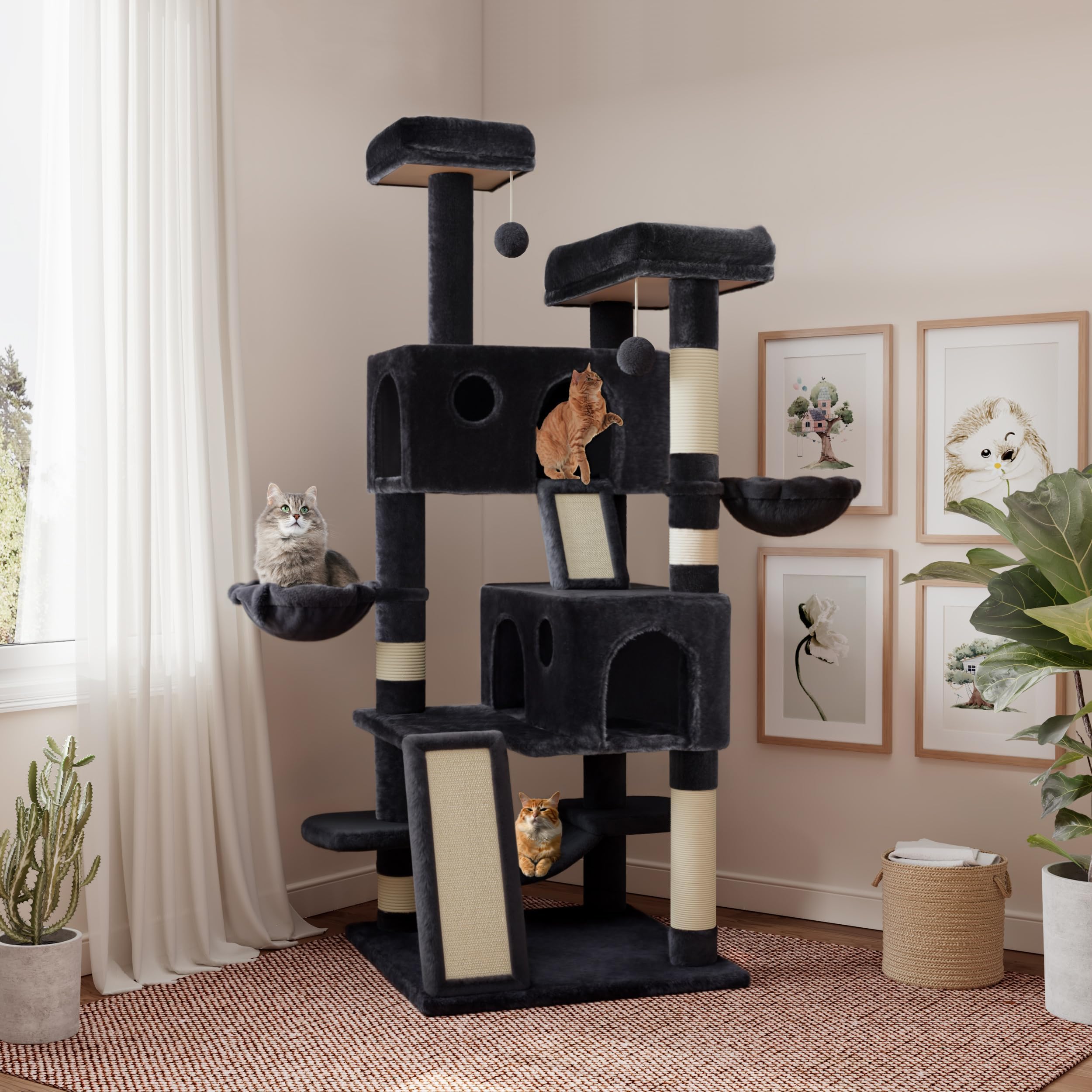 SHA CERLIN 65in Larger Cat Tree Tower Condo for Indoor Kitties/Multi-Level Furniture Activity Center with Wide Base/Cozy Plush Cat Perches/Baskets/Sisal Scratching Posts and Hammock/Dark Grey