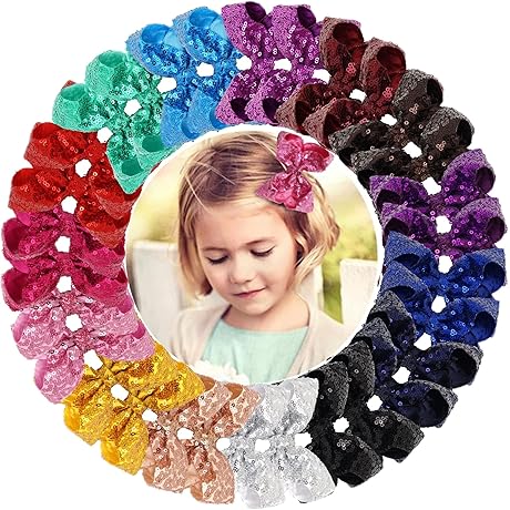 DED 30pcs Sparkly Hair Clips: 4 Inch Glitter Sequin Bows For Girls Of All Ages