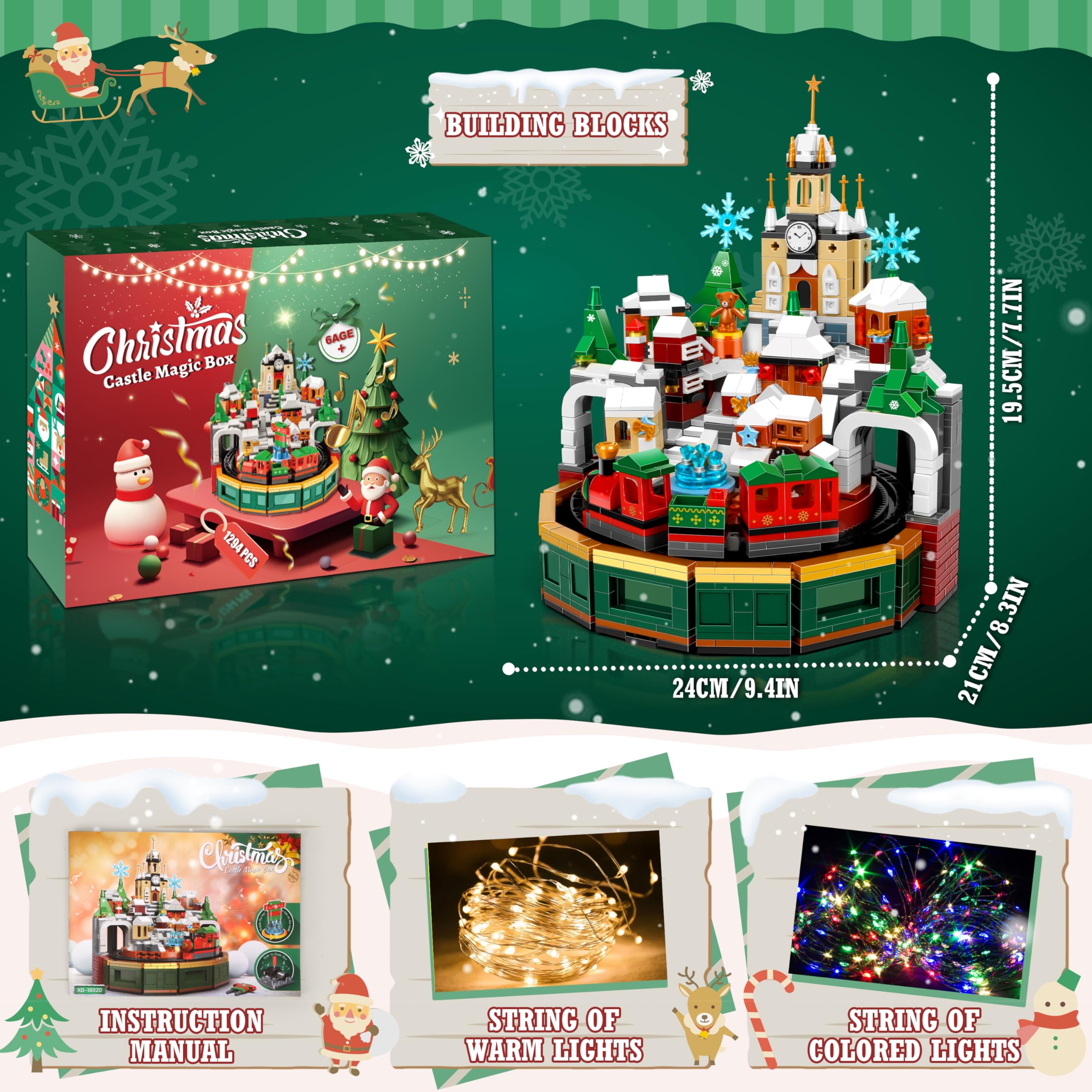 Charmofun Set di Costruzione castello di Natale con Luci e Musica, Kit di Costruzioni con Montagne Russe e Castello di Natale, Set di Costruzioni Natalizie per Adulti e Bambini Anni 8 +