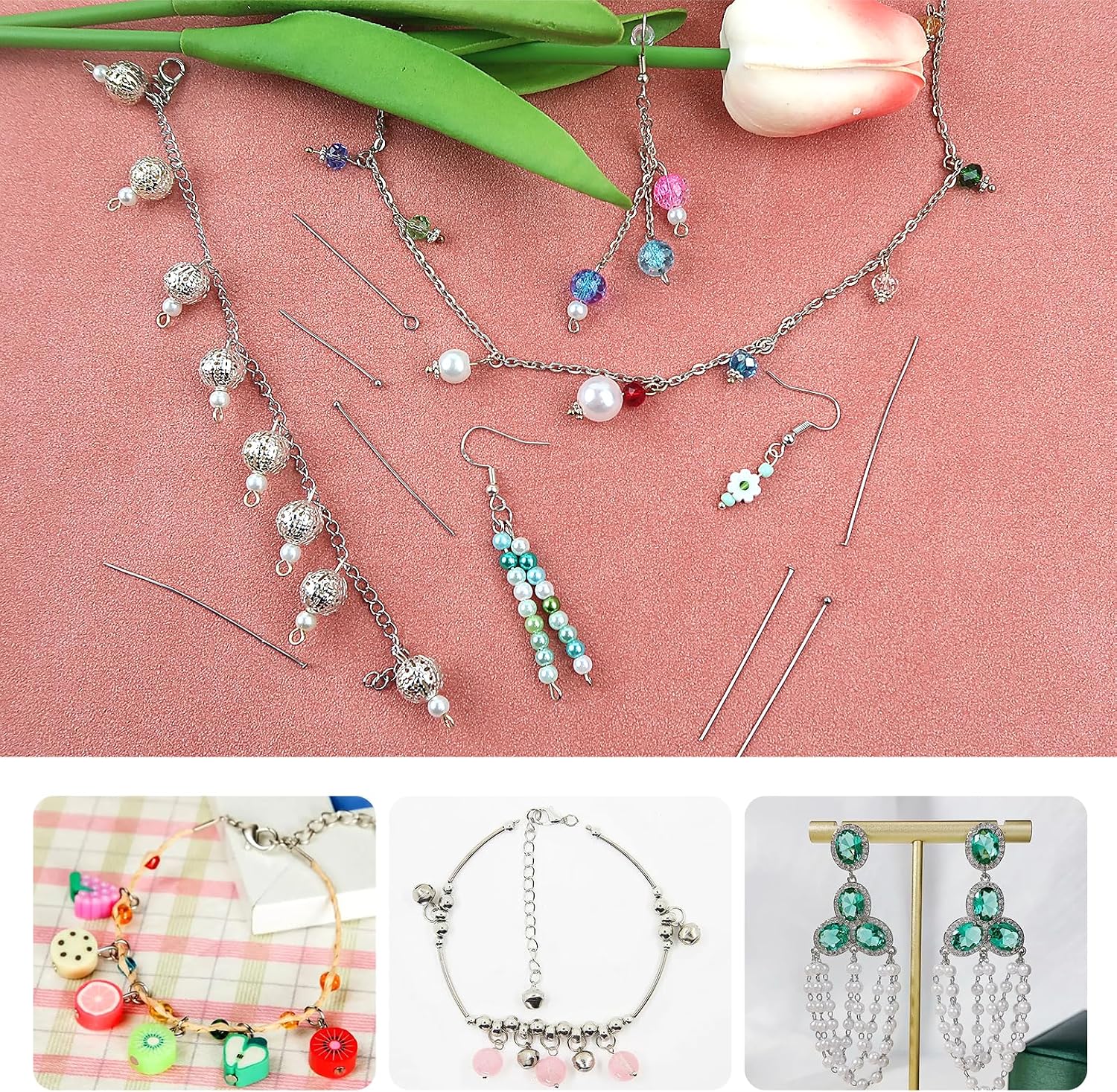 TOAOB 500pcs Stainless Steel Eye Pins and Flat Head Pins 30mm 40mm 50mm Ball Headpins Jewelry Findings for Earring Bracelet Jewelry Making