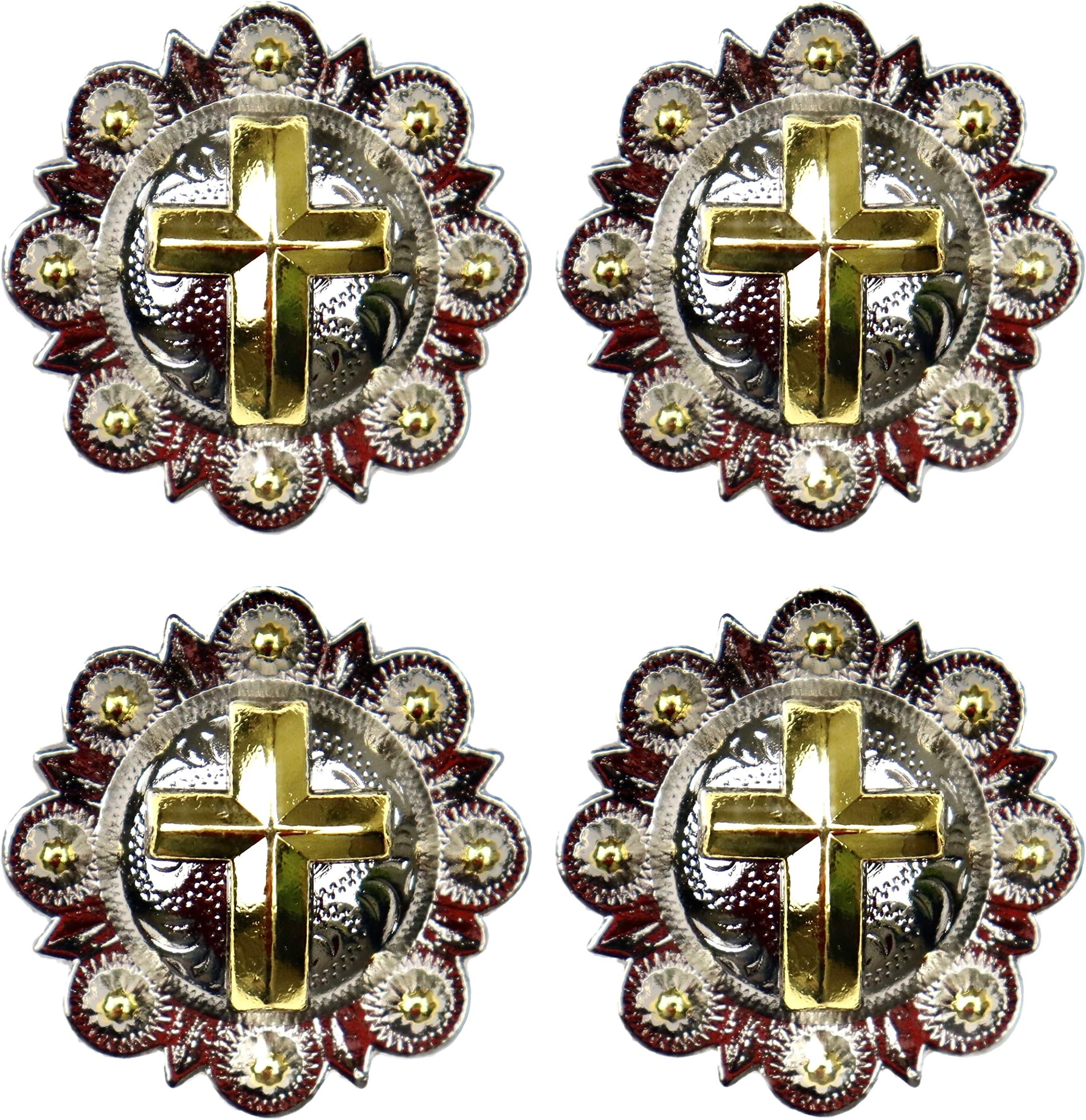 Gold Cross Silver Conchos with Screw Back (1", Lot of 4)