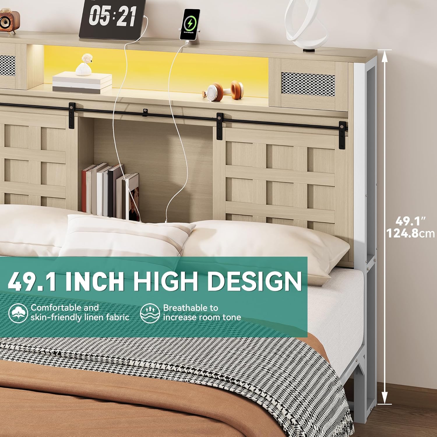 YITAHOME Farmhouse Bed Frame King Size with Storage Bookcase Headboard, Wooden Bed Frame with Charging Station & Led Light, Platform Bed with Sliding Barn Door, No Box Spring Needed,Oak w/Light