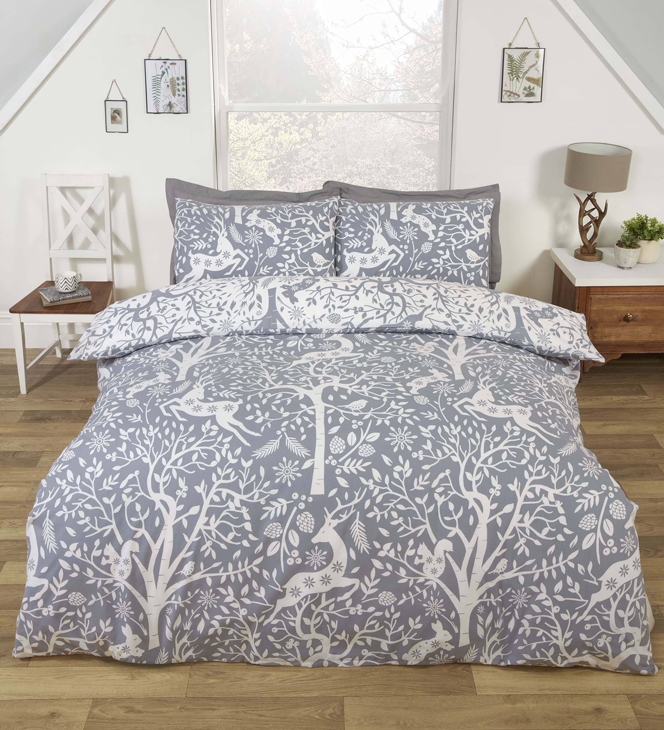 Rapport Home Grey Rapport Tatton Double Duvet Cover Reversible Bed Set Winter Festive Cotton, 124025827