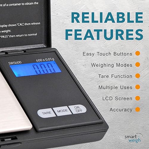 Miniatura 7 de Smart Weigh SWS600 balanza digital de bolsillo de elite, 600 x 0,1 g, color negro