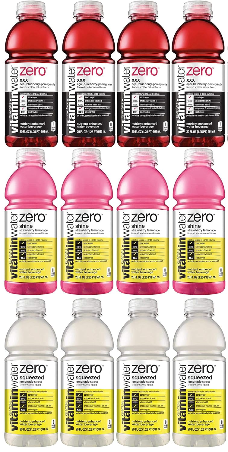 LUV-BOX Variety VITAMINWATER ZERO Sports drink pack , pack of 12 , 20fl oz , xxx, squeezed , shine