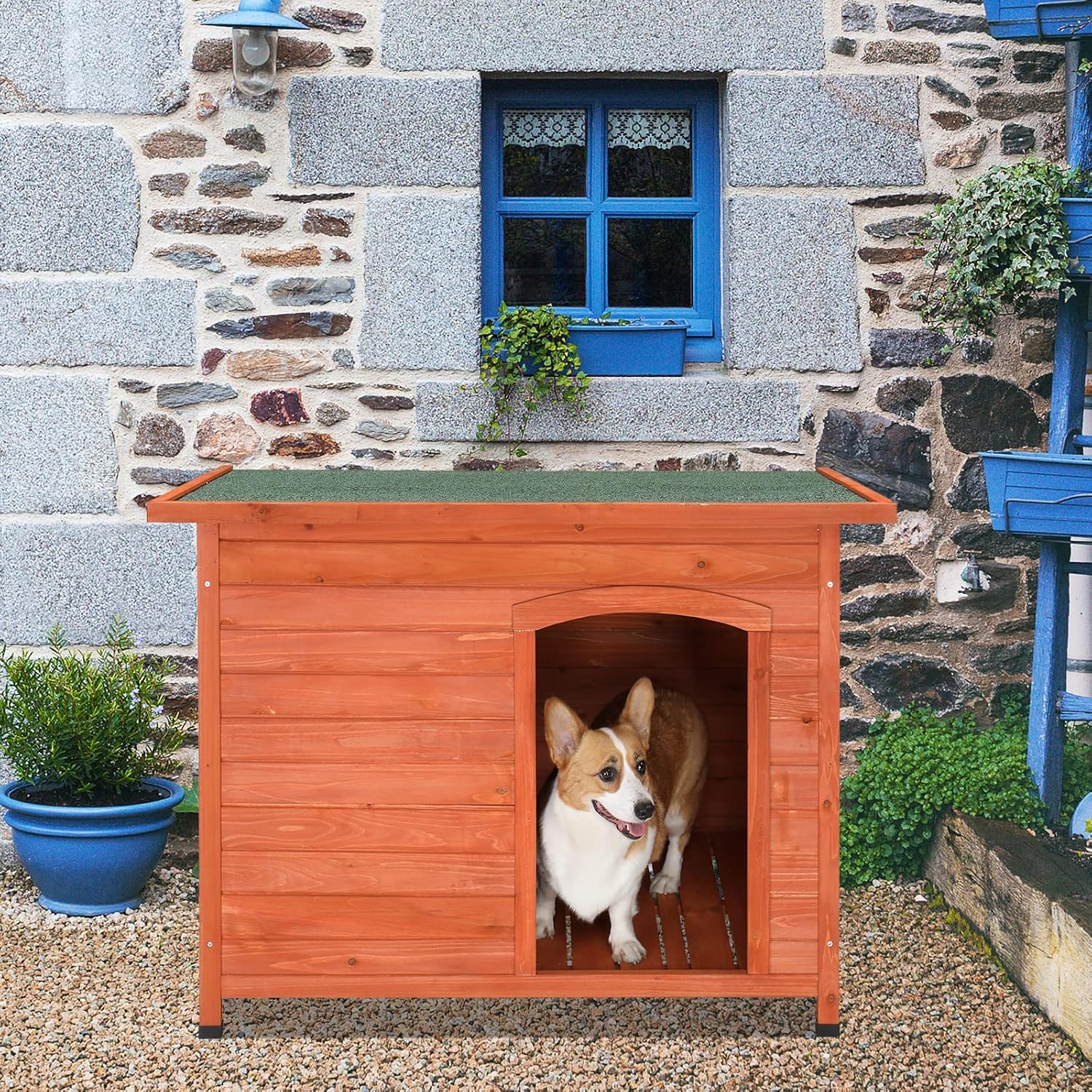 45.5" Wooden Outdoor Dog House,Indoor/Outdoor Bunny Cage,Wood Outside Cat Hutch,Small Pet Animal Poultry Cage,with Weatherproof Roof,for Cats Dogs Bunnies Small Animal Houses & Habitats (Natural)