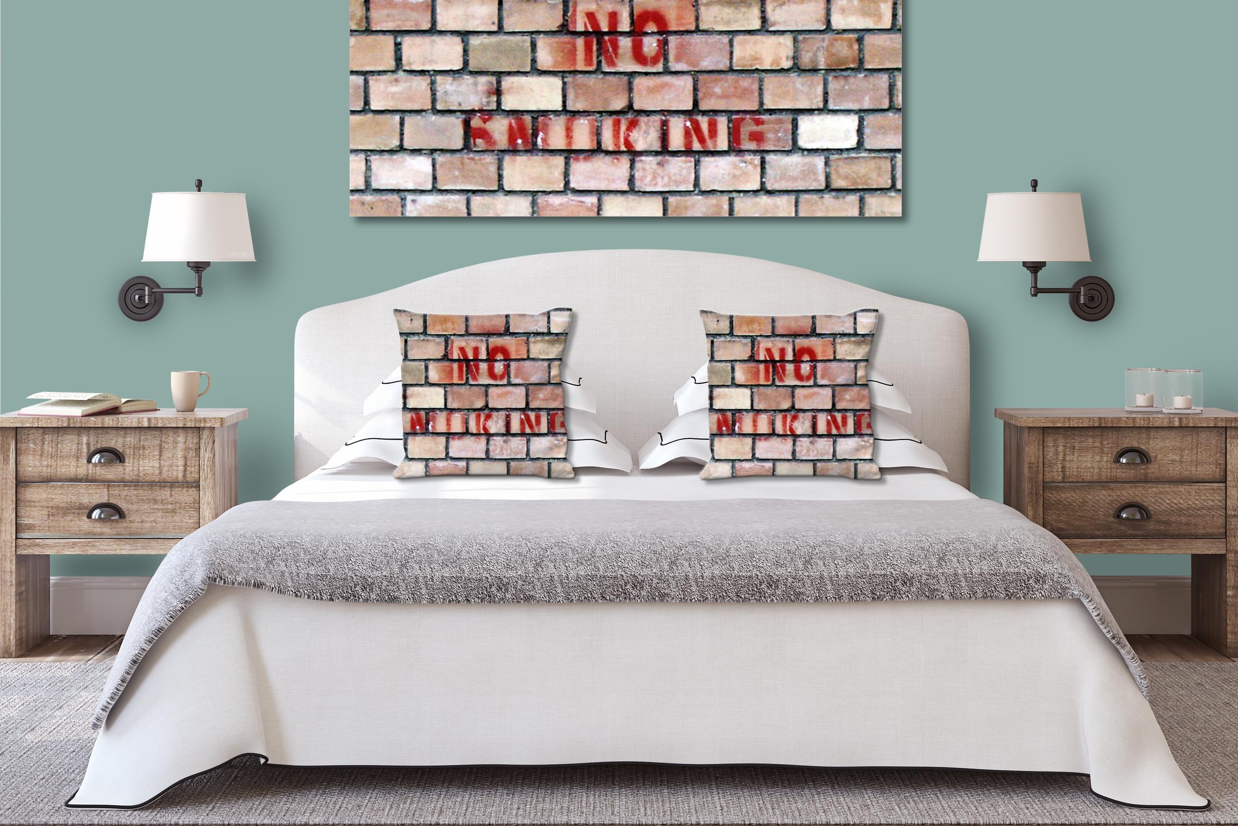 No Smoking - Foto-Kissen-Hülle Set (2 STK.) 40 x 40 cm | Kissen-Bezüge - passend zu Wandbild - Deko-Kissen - Wand Ziegel Graffiti Schrift