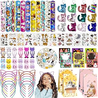 158Pcs Cat Party Favors Set with Cat Headband Keychains Tattoo Stickers Erasers Slap Bracelets Hairpin Goodie Bags Cat Party Supplies Cat Birthday Decorations Girl Party Favors