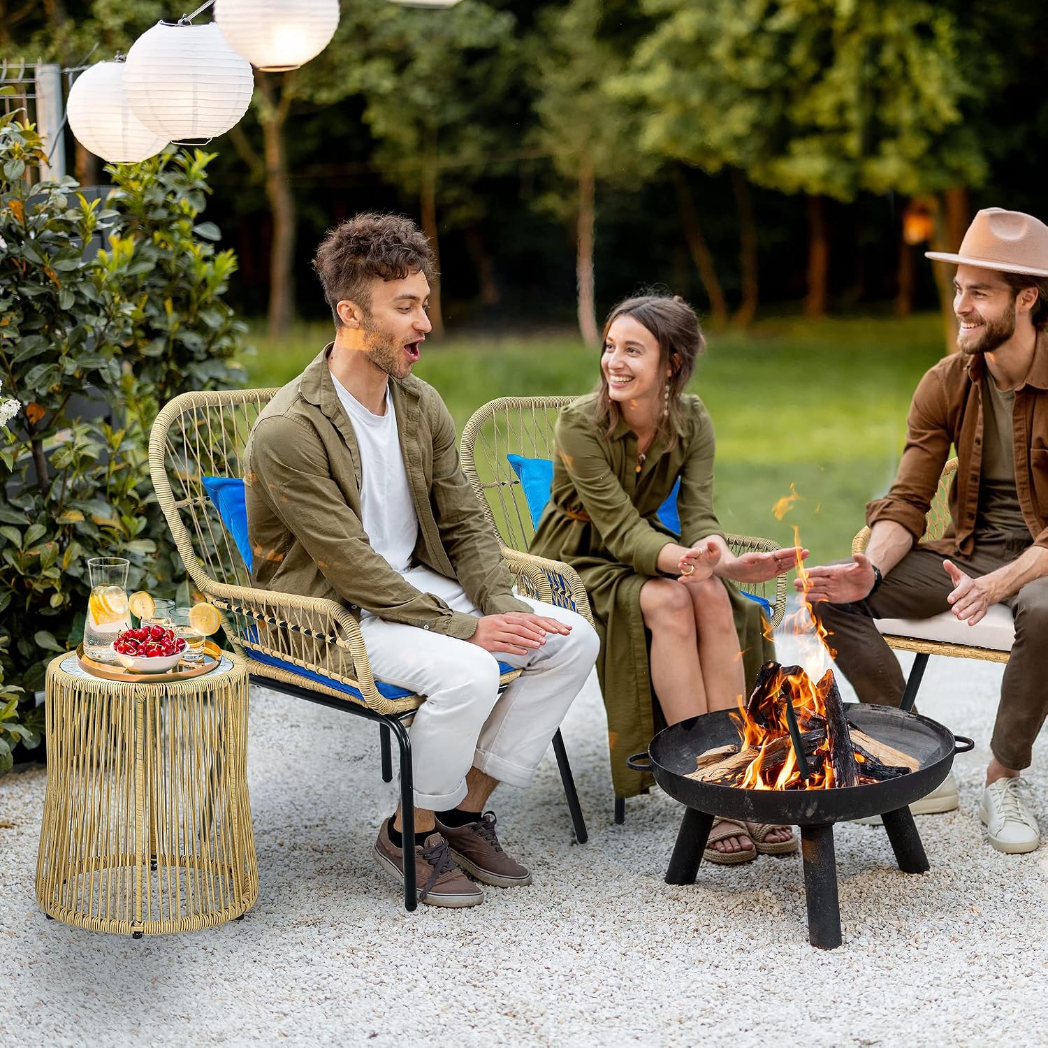 YITAHOME 3-Piece Wicker Bistro Set Outdoor Patio Furniture, All-Weather Rattan Conversation Chairs for Backyard, Balcony and Deck with Soft Cushions, Glass Side Table (Light Brown+Navy Blue)