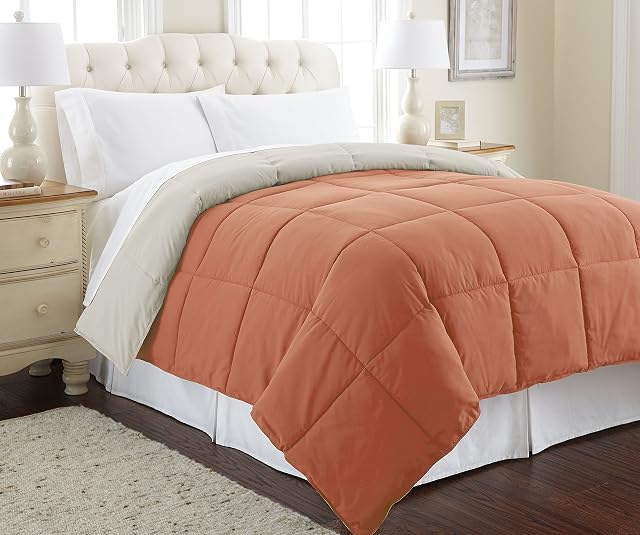Modern Threads Down Alternative Microfiber Quilted Reversible Comforter & Duvet Insert - Soft, Comfortable Alternative to Goose Down - Bedding for All Seasons Orange Rust/Oatmeal Twin