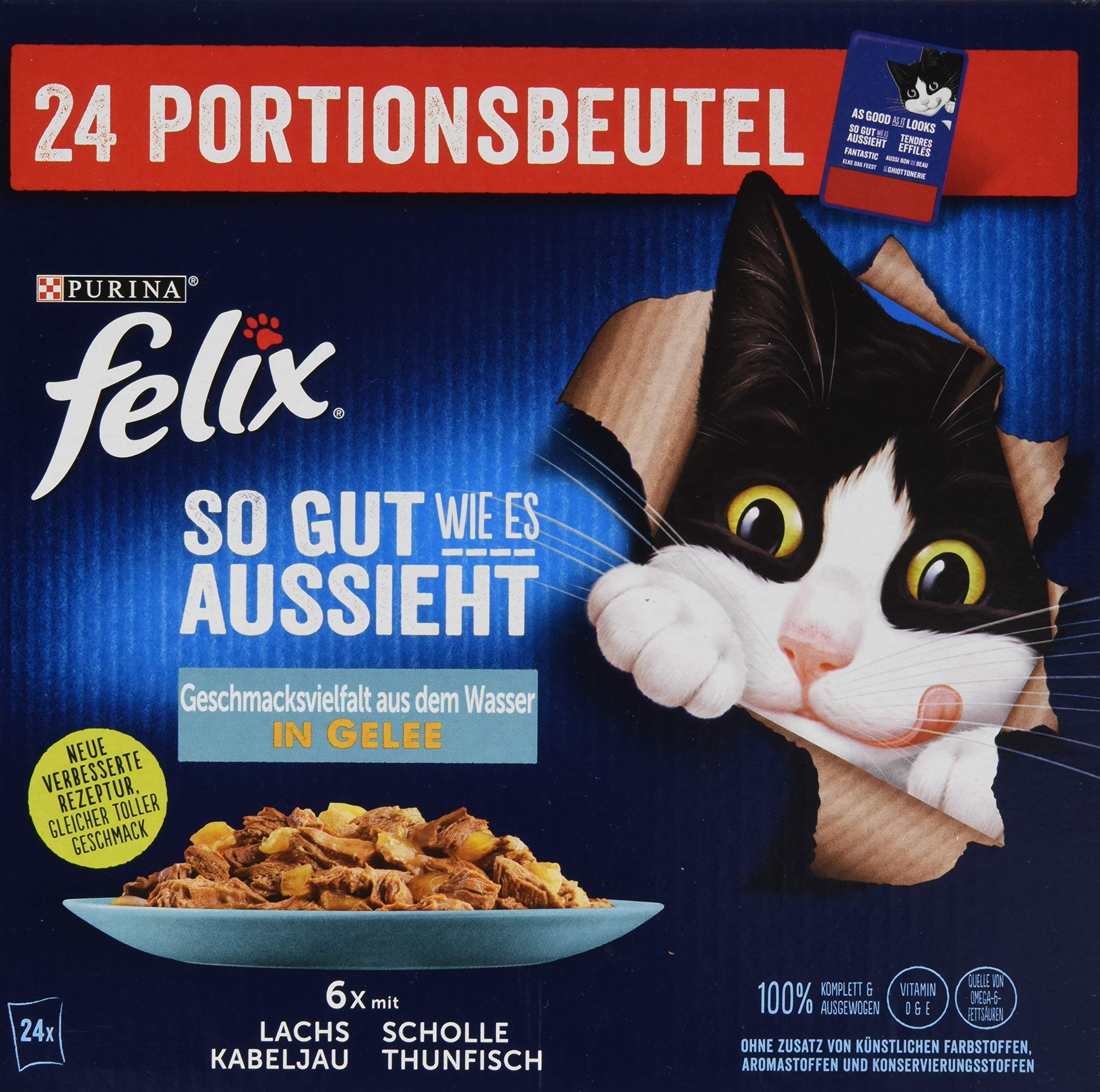FELIX Katzennassfutter So gut wie es aussieht in Gelee Geschmacksvielfalt für Ihre Katze im Wasser 1er Pack (24 x 85g) P