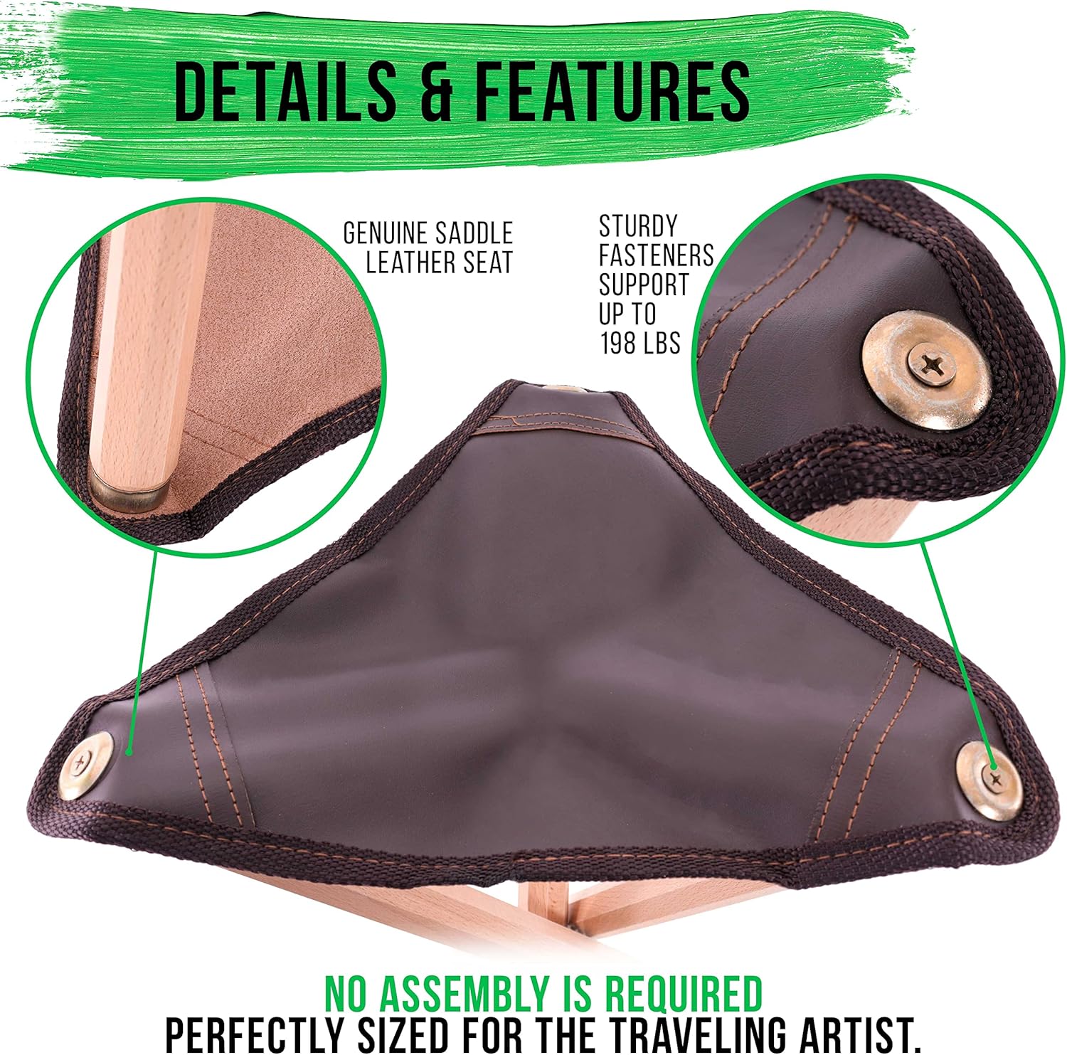 US Art Supply Portable Three Leg Wood Artist Folding Stool with Saddle Leather Seat