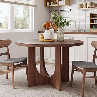 Christopher Knight Home Guma 48" Round Dining Table for 4, Compact MDF Kitchen Table with Pedestal Base, Circle Farmhouse Dinner Furniture for Dining Room, Kitchen, Living Room, Walnut