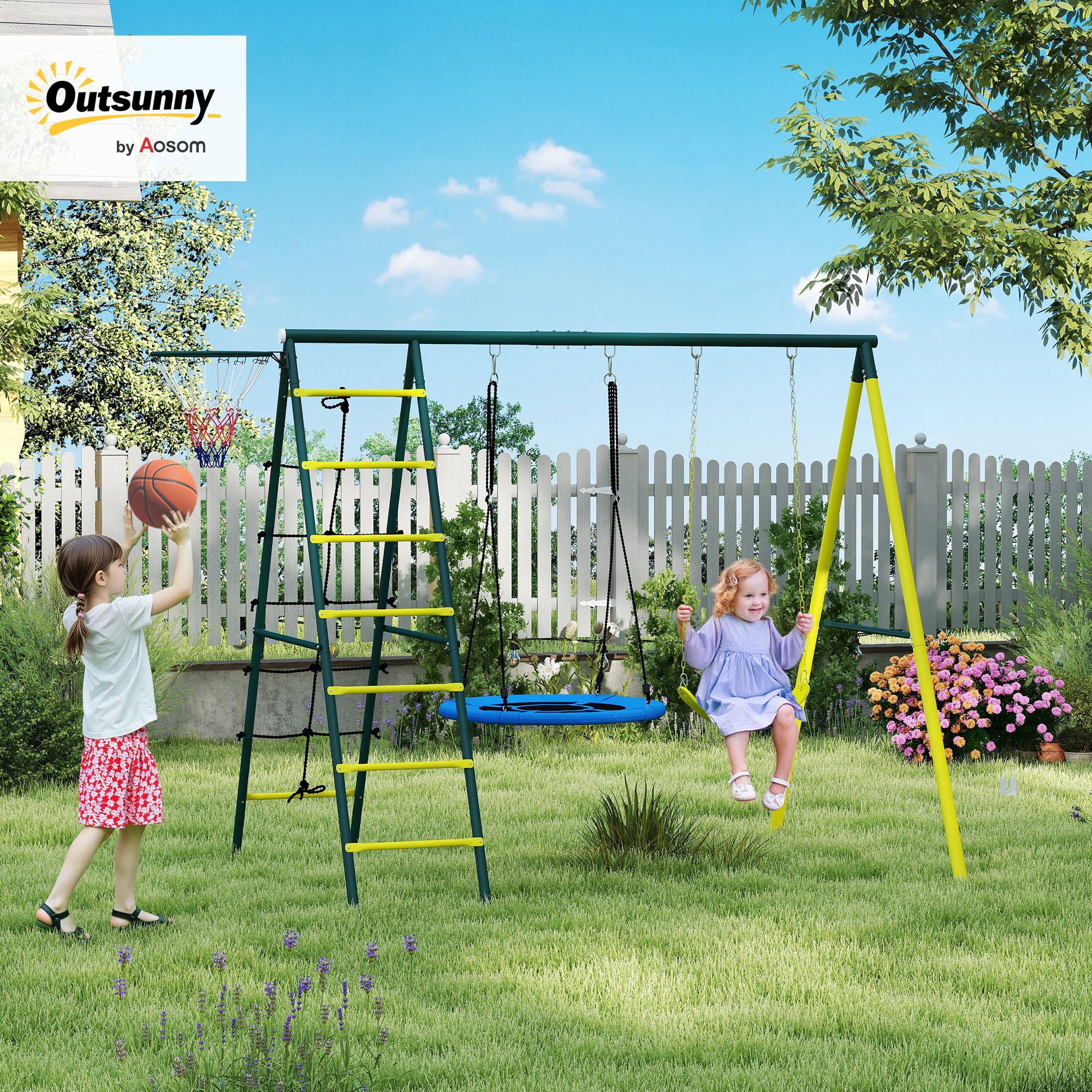Outsunny Columpio Infantil 4 en 1 Exterior Nido Niños 3 a 8 Años Amarillo | Columpio Individual, Red para Escalar, Canasta de Baloncesto, Escalera, Carga 160 kg, Parque Infantil