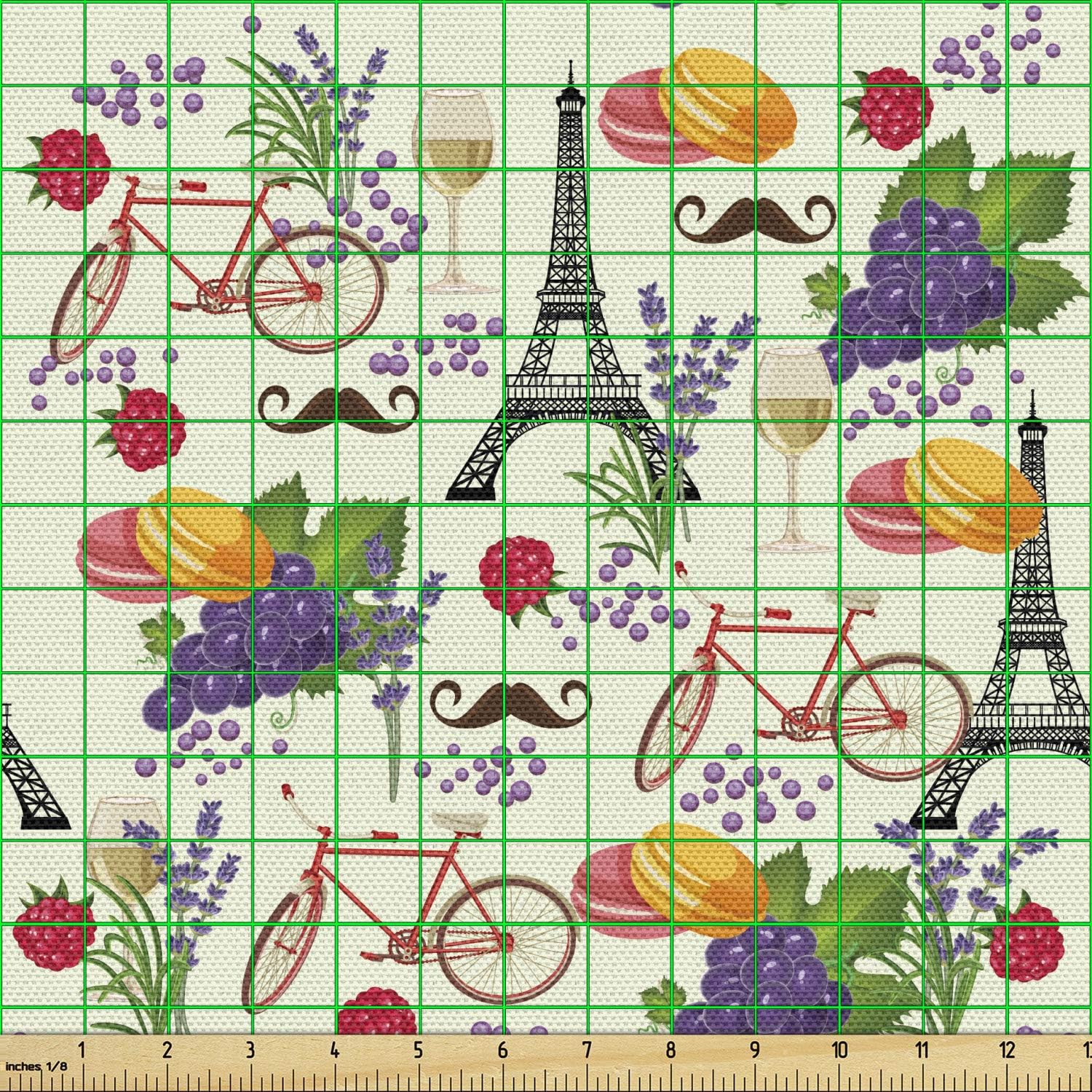 Ambesonne European Fabric by The Yard, French Themed Paris Must Have Macarons Wines Grapes Bikes Berries Eiffel Art Print, Decorative Fabric for Upholstery and Home Accents, 3 Yards, Purple Cream