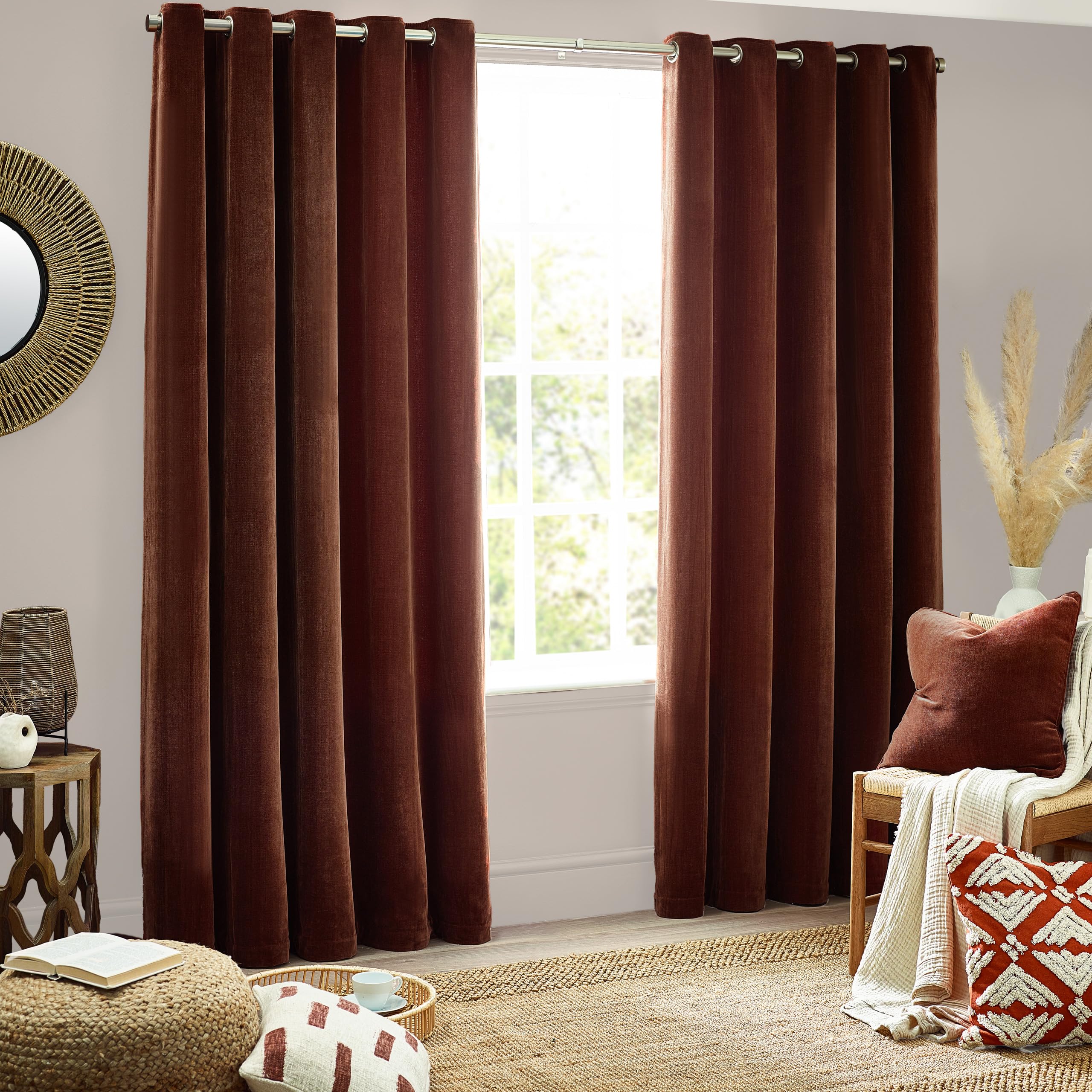 Yard Nutmeg Heavy Chenille Eyelet Curtain Pair – Lined Room Darkening, Soft Velvet Home Décor ( - Width 168 X Drop 183Cm)