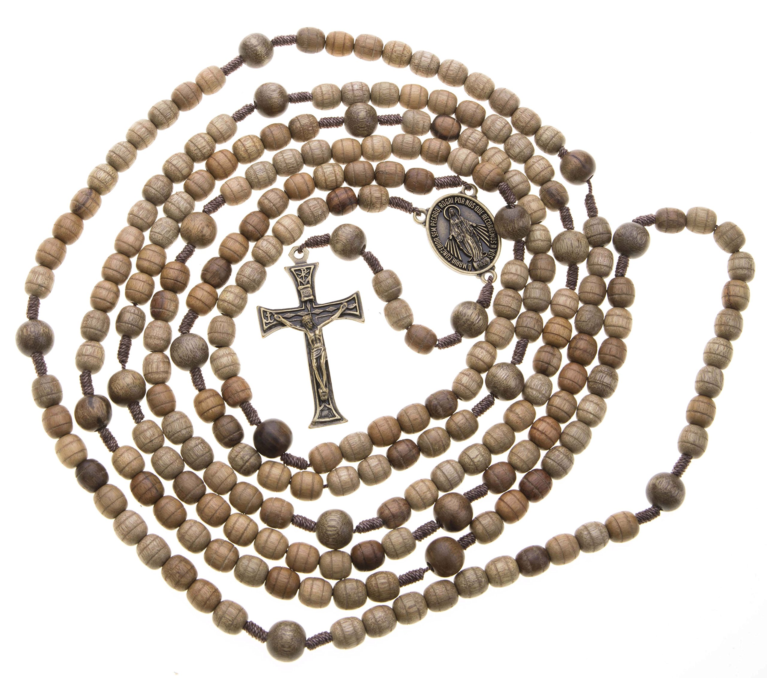 20 Decade Full Catholic Rosary 10-12mm Wood Beads 57" Long on Strong Cord Metal Miraculous Medal Center & Crucifix