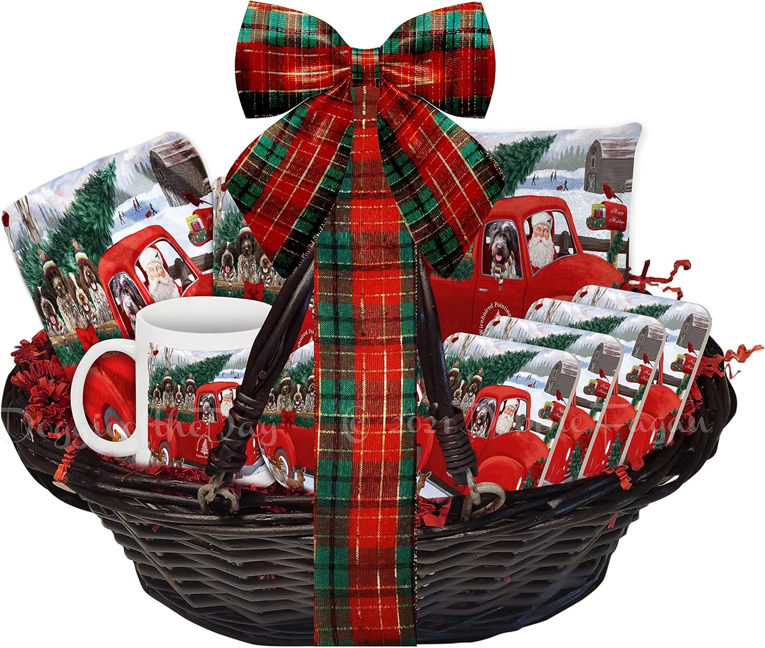 The Ultimate Dog Lover Christmas Basket Christmas Santa Express Delivery Red Truck Wirehaired Pointing Griffon Dogs Blanket, Pillow, Coasters, Magnet, Coffee Mug and Ornament
