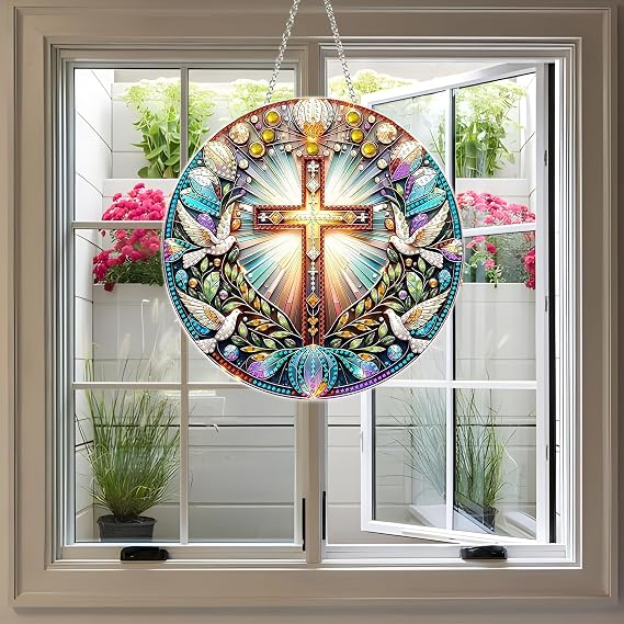 DIY Diamond Art Painting Wreath Kits,Special Shaped Rhinestone Hanging Ornament Diamond Art Acrylic Window Pendants for Gift Home Garden Wall Hanging Kits(Cross-1)