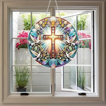 DIY Diamond Art Painting Wreath Kits,Special Shaped Rhinestone Hanging Ornament Diamond Art Acrylic Window Pendants for Gift Home Garden Wall Hanging Kits(Cross-1)