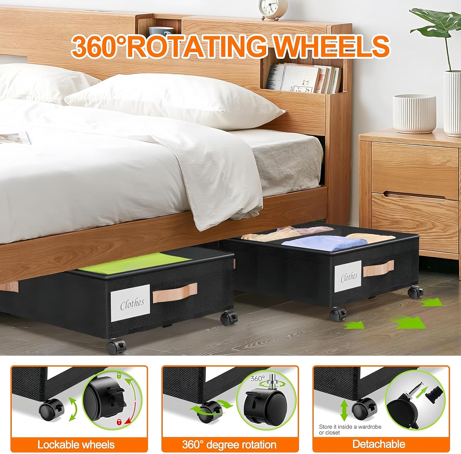 Under Bed Storage with Wheels, Large Under Bed Rolling Storage with Clear Window & Label, Bedroom Storage Organizer for Clothes, Shoes,Toys, Books, Blankets (black, 1 pcs)