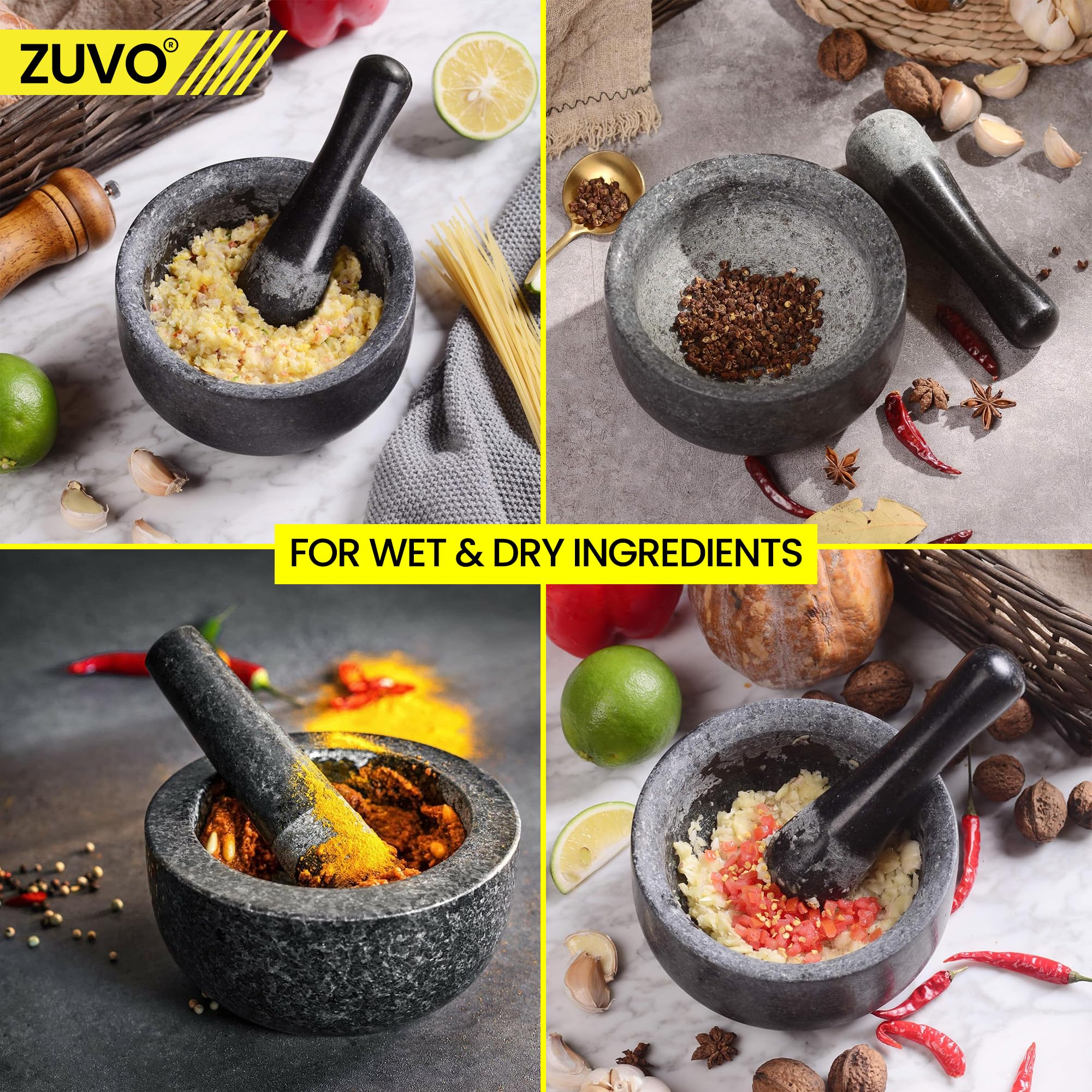 Zuvo Pestle & Mortar Set | Premium Solid Natural Stone | For Grinding Spices & Herbs