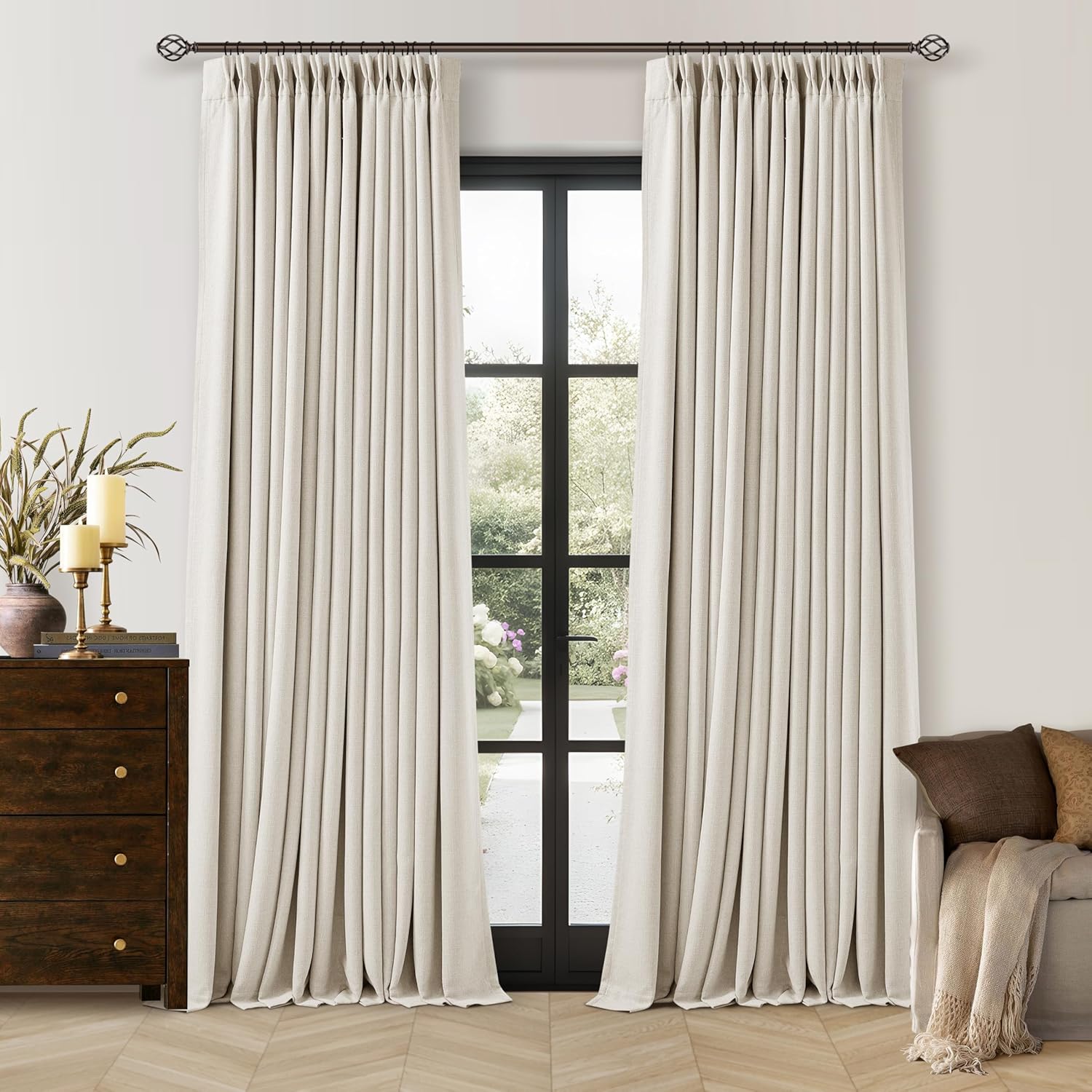 90 Inch Pinch Pleated Blackout Linen Curtains for Bedroom 2 Panels Memory Trained 100% Black Out Soundproof Room Darkening Natural Cream Ivory Birch Window Curtains Double Layer Pinch Pleat Drapes Natural 40"W x 90"L (Pack of 2)