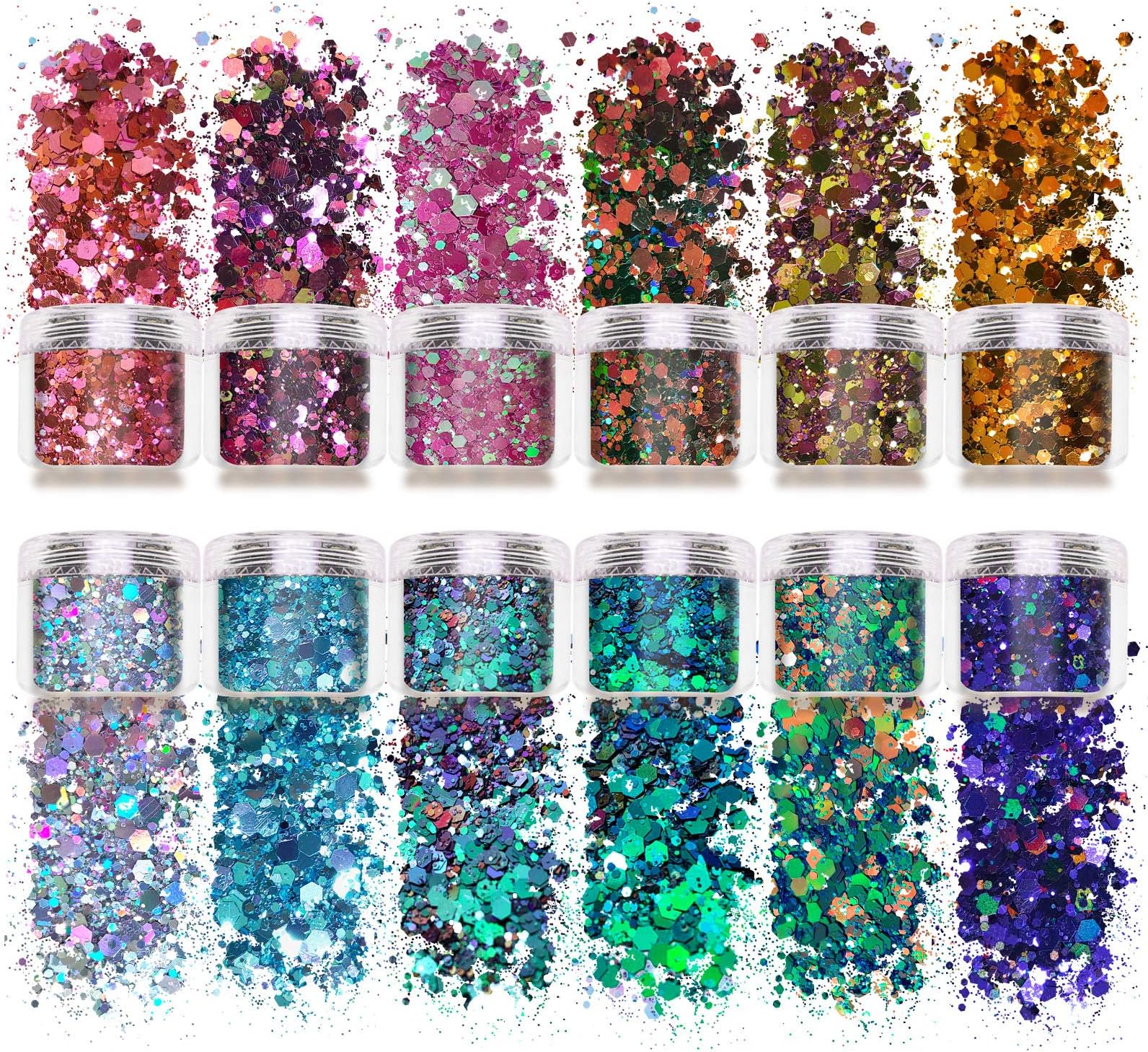 Allstarry12 Colors Chameleon Chunky Glitter Holographic Craft Glitter Cosmetic Sequin Flakes for Nails Art Decoration Hair Eyes Face Body DIY Craft
