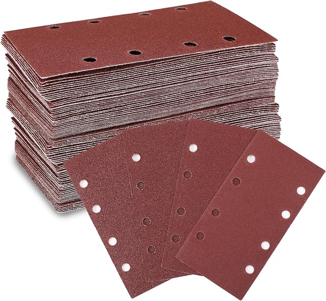 WORKPRO Sanding Sheets 100 Pieces, 93 x 185mm Hook and Loop Sandpaper with 8 Holes, Sanding Pads Assorted 40 60 80 120 Grits Fit Rectangular Sander, Ideal for Sanding, Polishing and Rust Removal