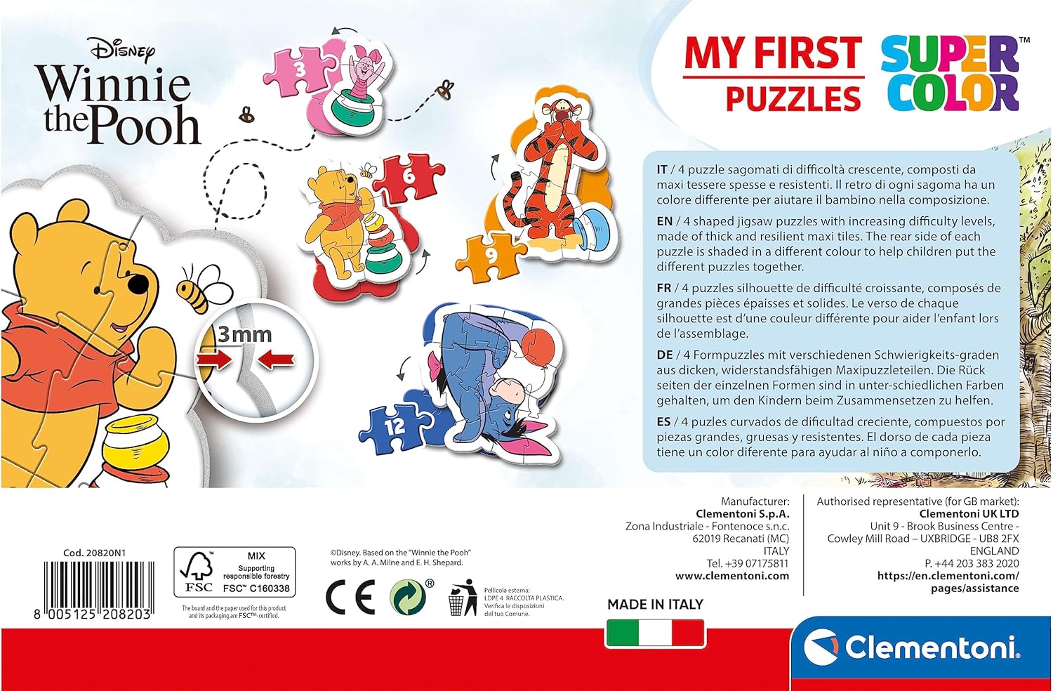 Clementoni - 20820 - My First Puzzle - Disney Winnie The Pooh - 3-6-9-12 Pieces - Made in Italy - Jigsaw Puzzle Children Age 2+