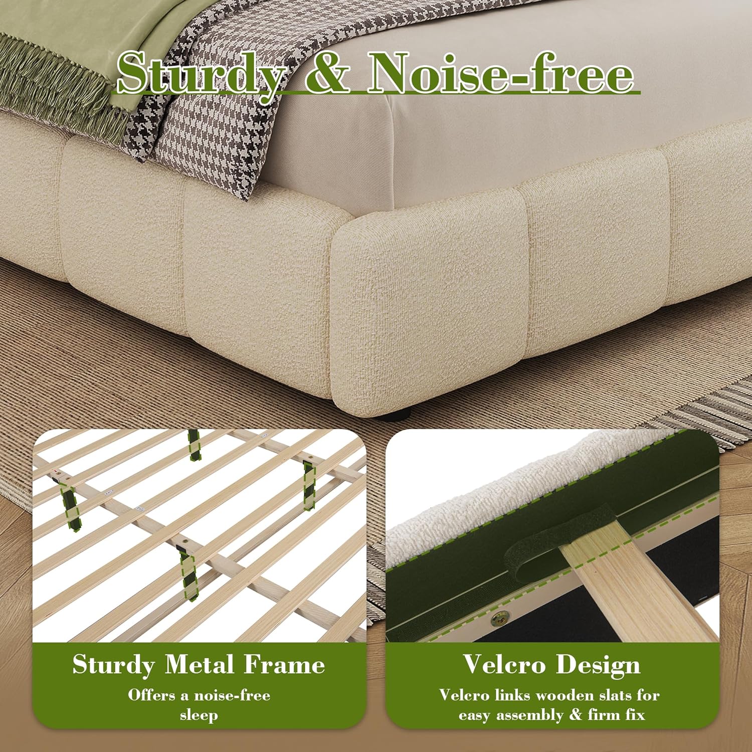 King Size Boucle Platform Bed Frame with Soft Rounded Corners Headboard, Modern Cloud Upholstered Beds, King Soft Marshmallow Bed Frame, Wood Slats Support, Beige