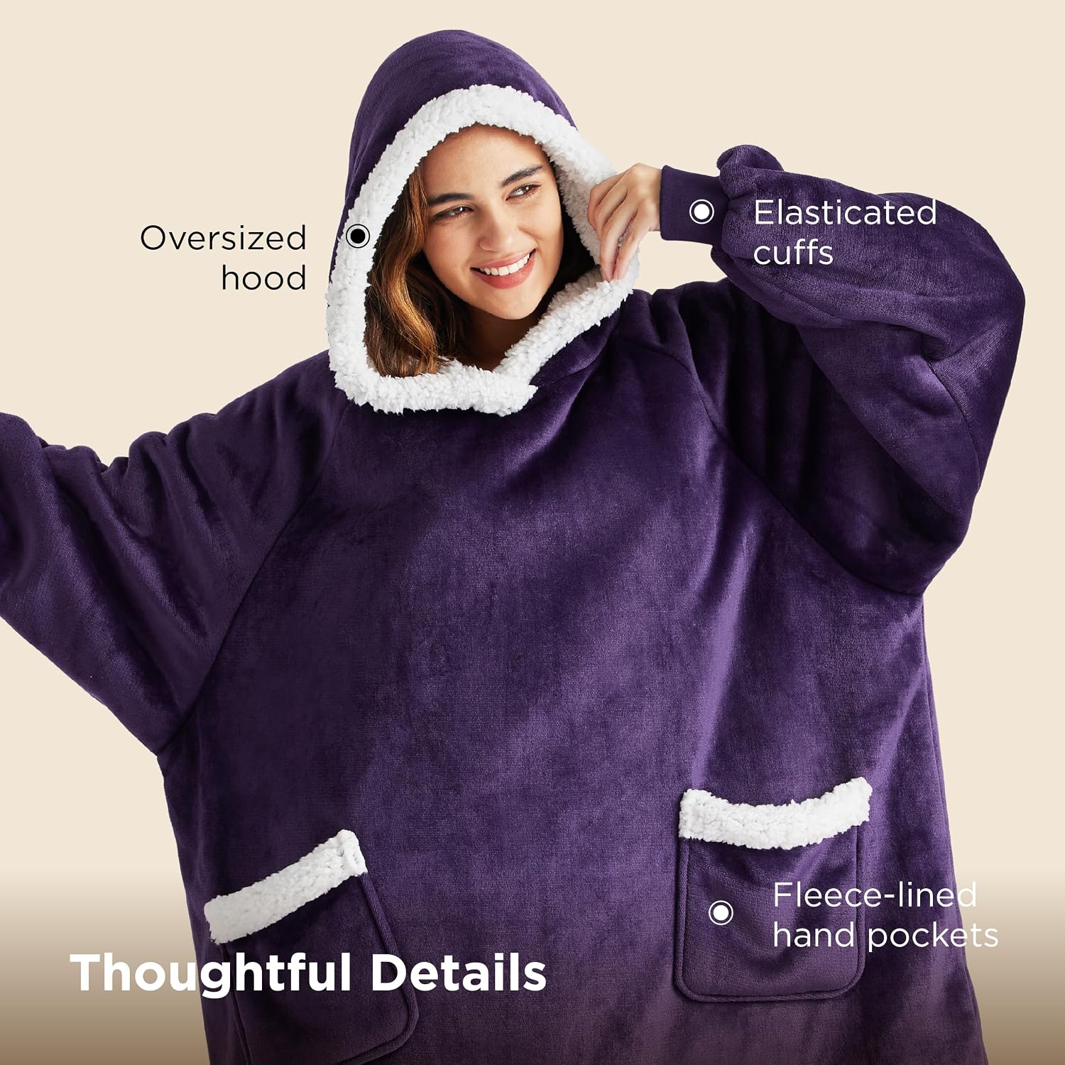 Bedsure Blanket Hoodie, Wearable Blanket Hoodie as Gifts for Mom, Birthday Gifts for Women Kids Teens Sherpa Sweatshirt, Ultra Violet, Standard
