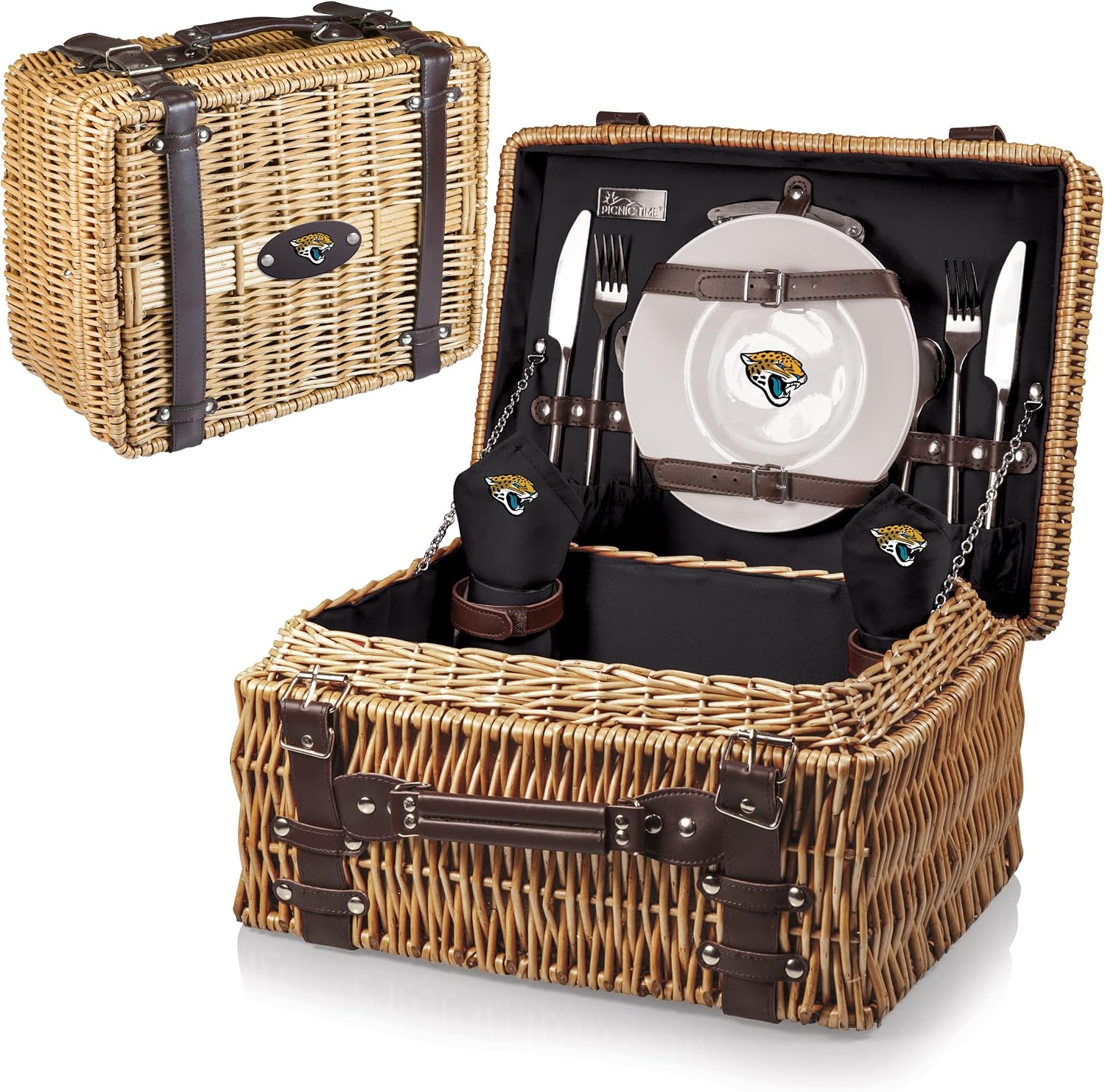PICNIC TIME NFL Champion Picnic Basket for 2, Wicker Picnic Basket, 2 Person Picnic Set, (Black with Brown Accents)