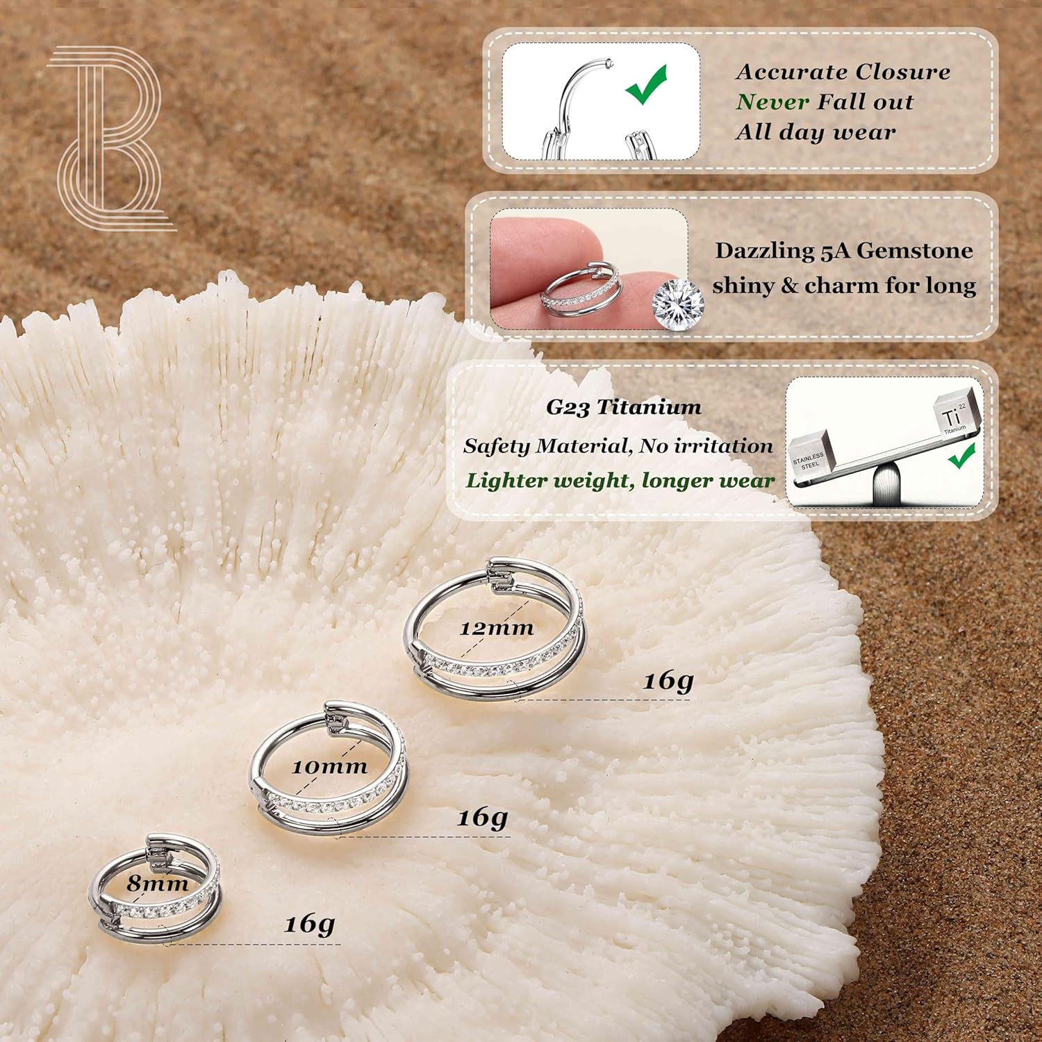 BodyBonita G23 Titanium Cartilage Earring Hoop Stacked Clicker 16G CZ Double/Triple Septum Rings Conch Piercing Jewelry Tragus Daith Helix Nose Rings Hoops for Women Silver/Gold Plated 8mm 10mm 12mm - Image 4