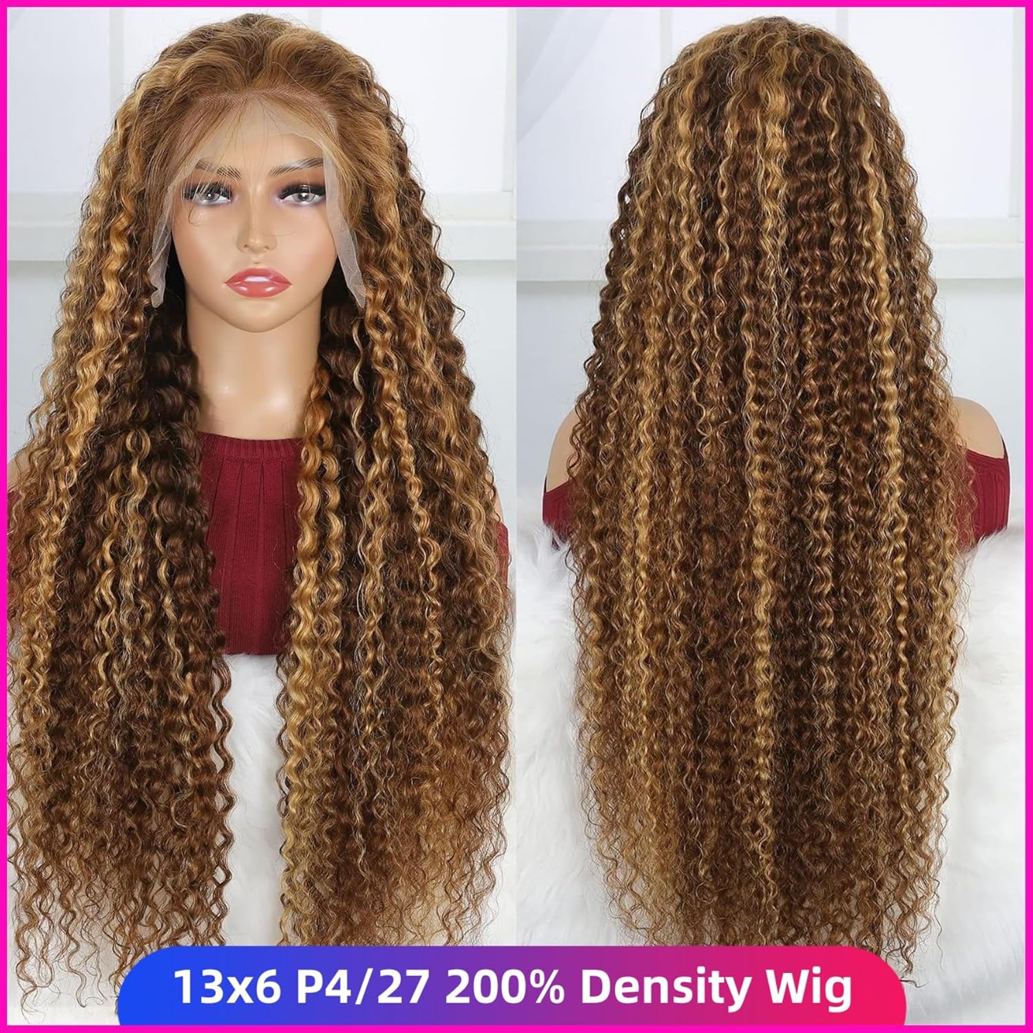 Blomas 18Inch 200% Density Honey Blonde 13x6 Deep Wave Lace Front Wigs Human Hair P4/27 Highlight Ombre Deep Wave HD Transparent Lace Front Wigs Pre Plucked Curly Lace Frontal Wig for Women
